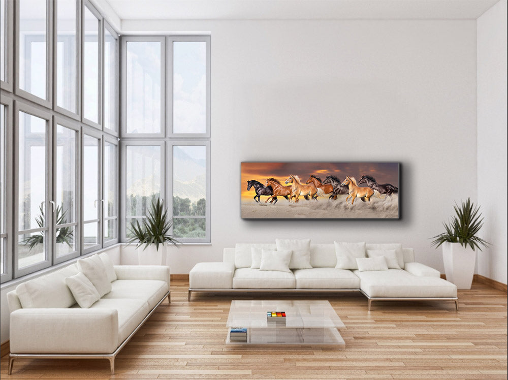 Team of 7 Horses- Wildlife Canvas Art - Gold varnish-Wall Decor-DECOROLALA