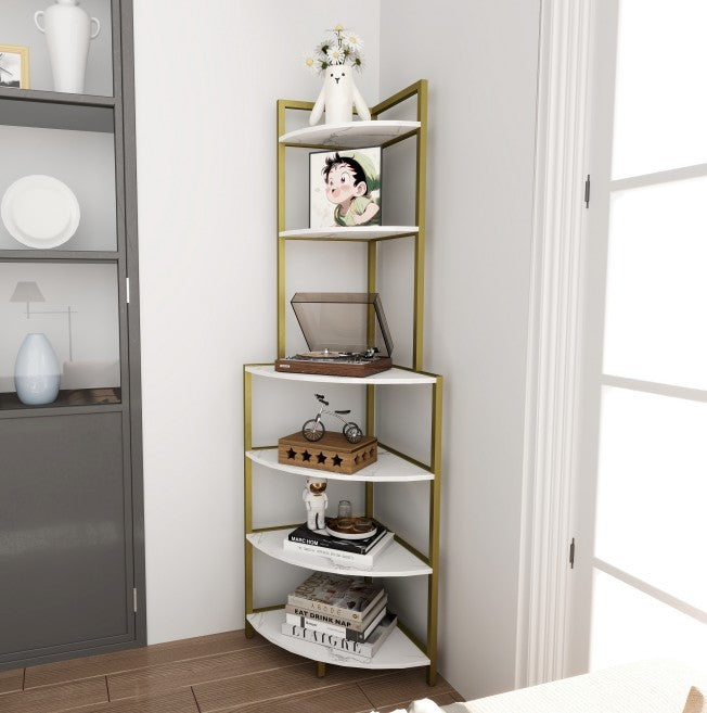 6-Tier Corner Open Shelf Modern Bookcase Wood Rack Freestanding
