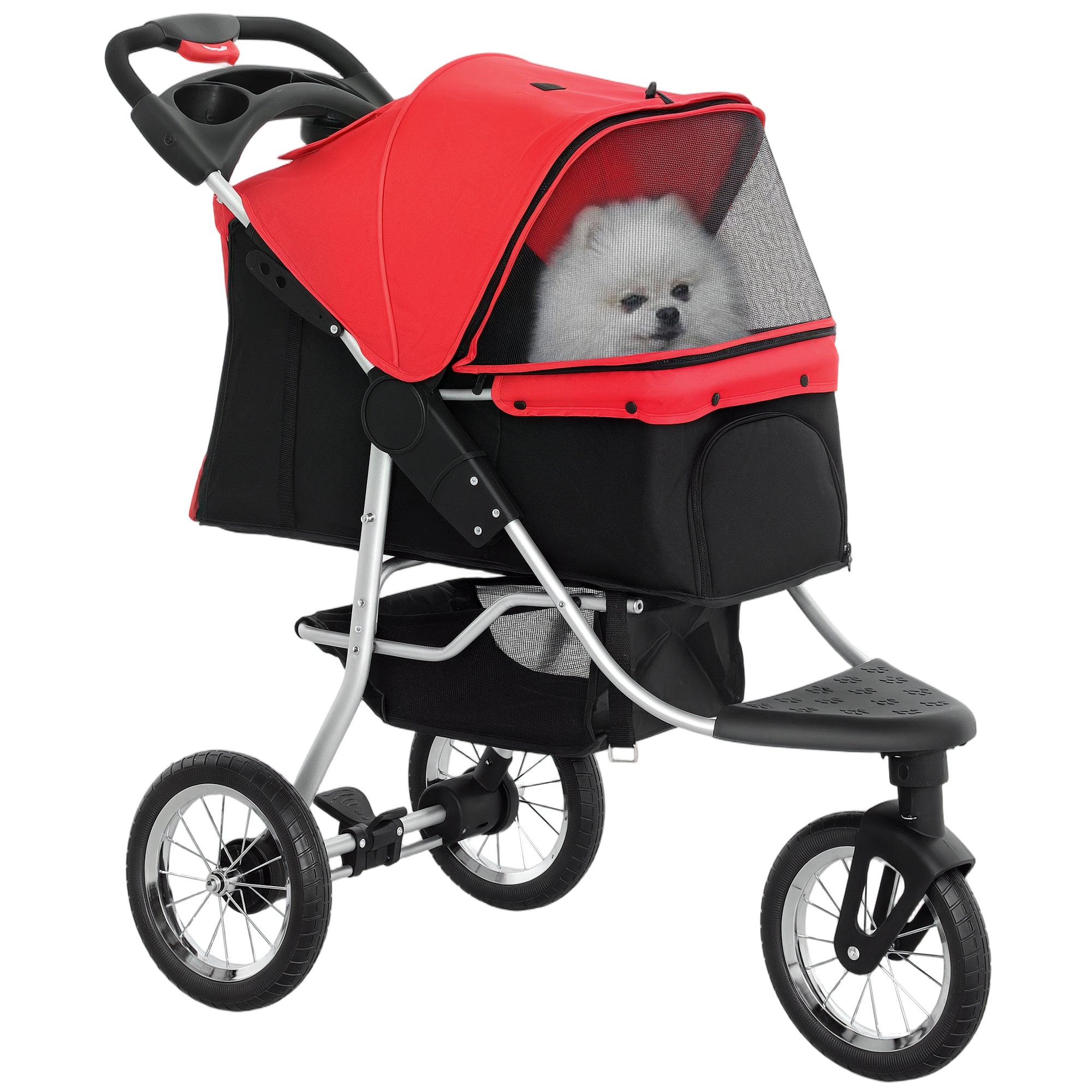 Pet Stroller for Small Dogs, 3 Rubber Wheels, One-click Easy Folding All-Terrain Dog Stroller, Adjustable Canopy, Zippered Mesh Window Door, Storage Basket, Red