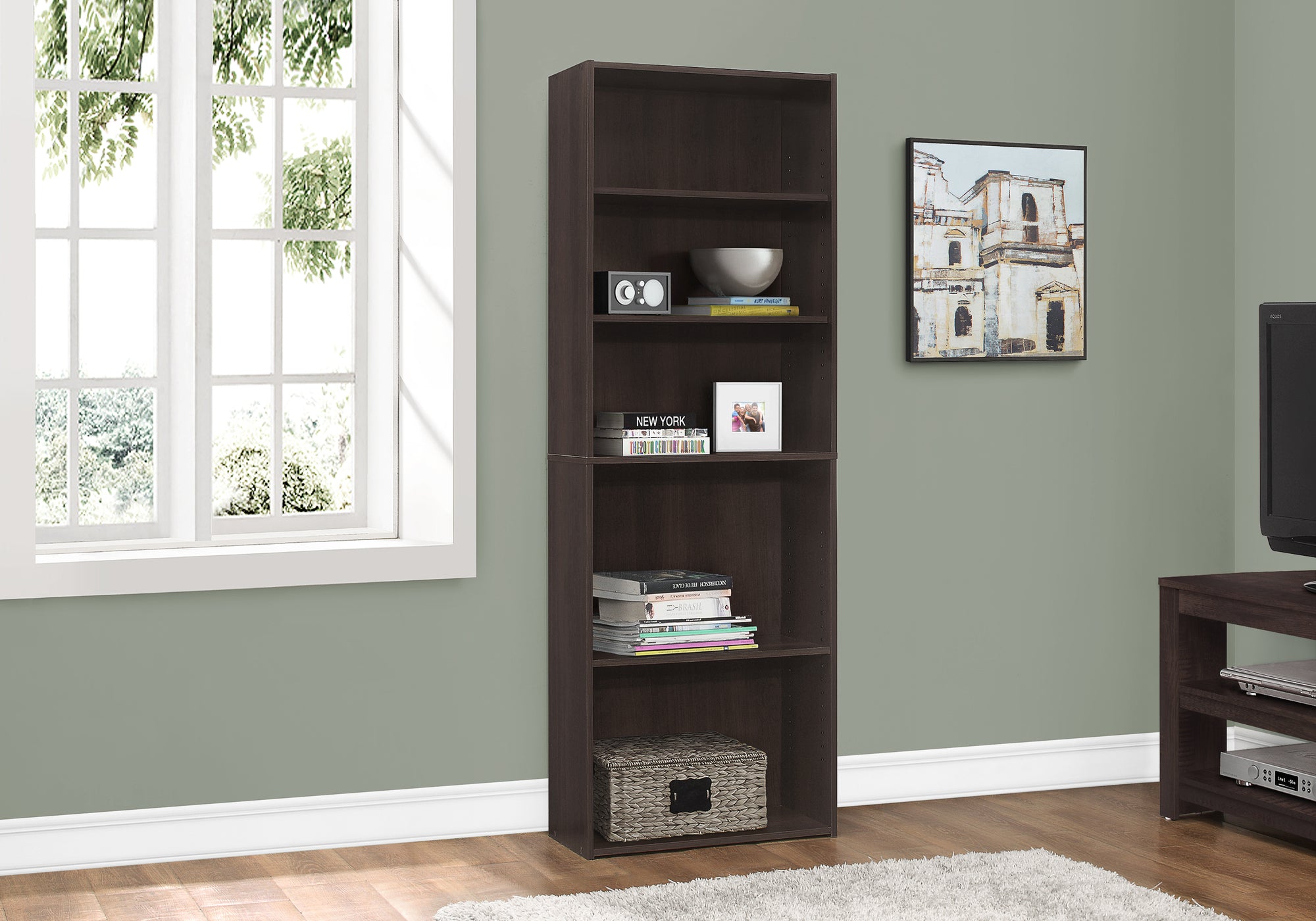 72"H 5-Shelf Bookcase, Espresso-Computer Desk-DECOROLALA