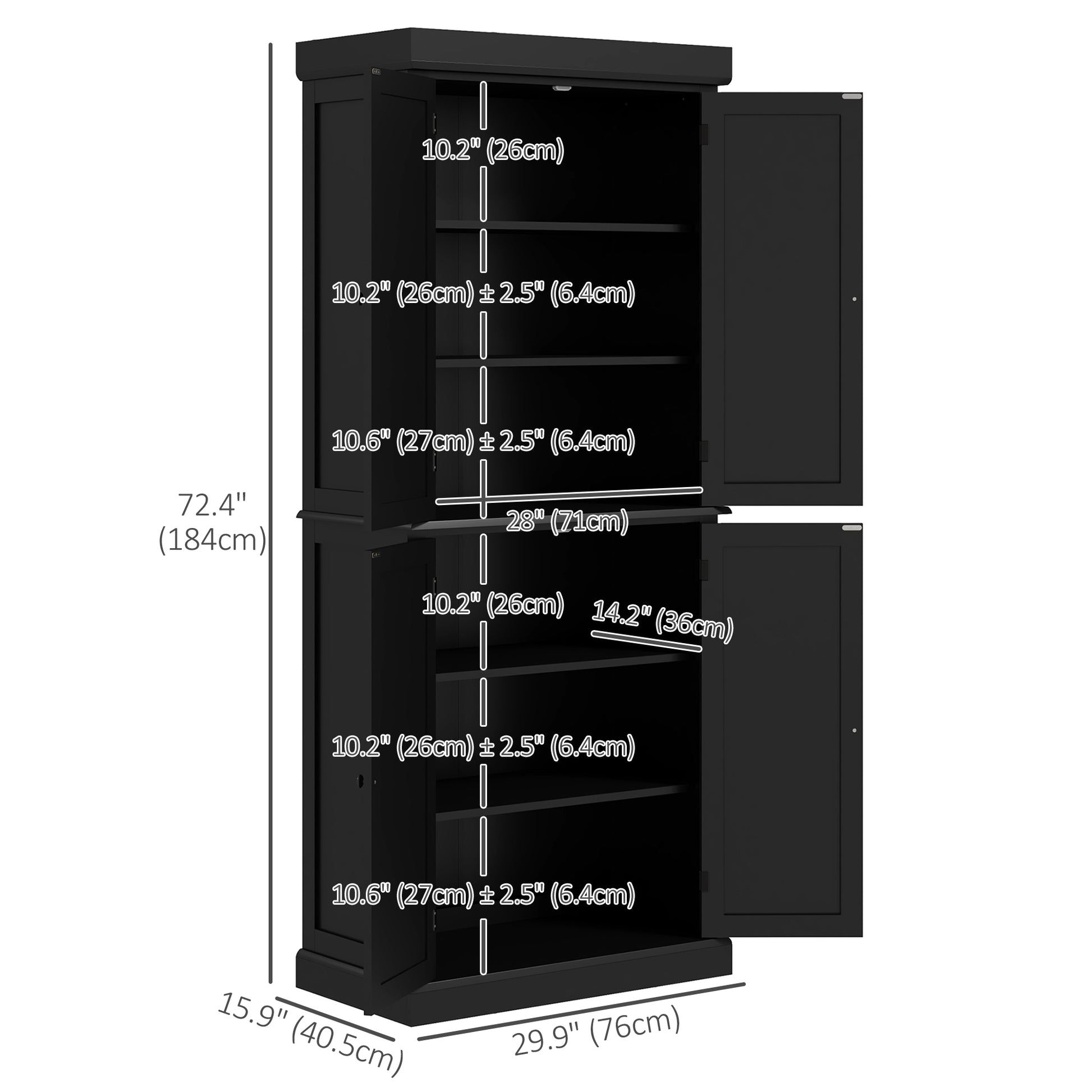 72.5" Freestanding Pantry Cabinet - 4 Doors, Black-DECOROLALA