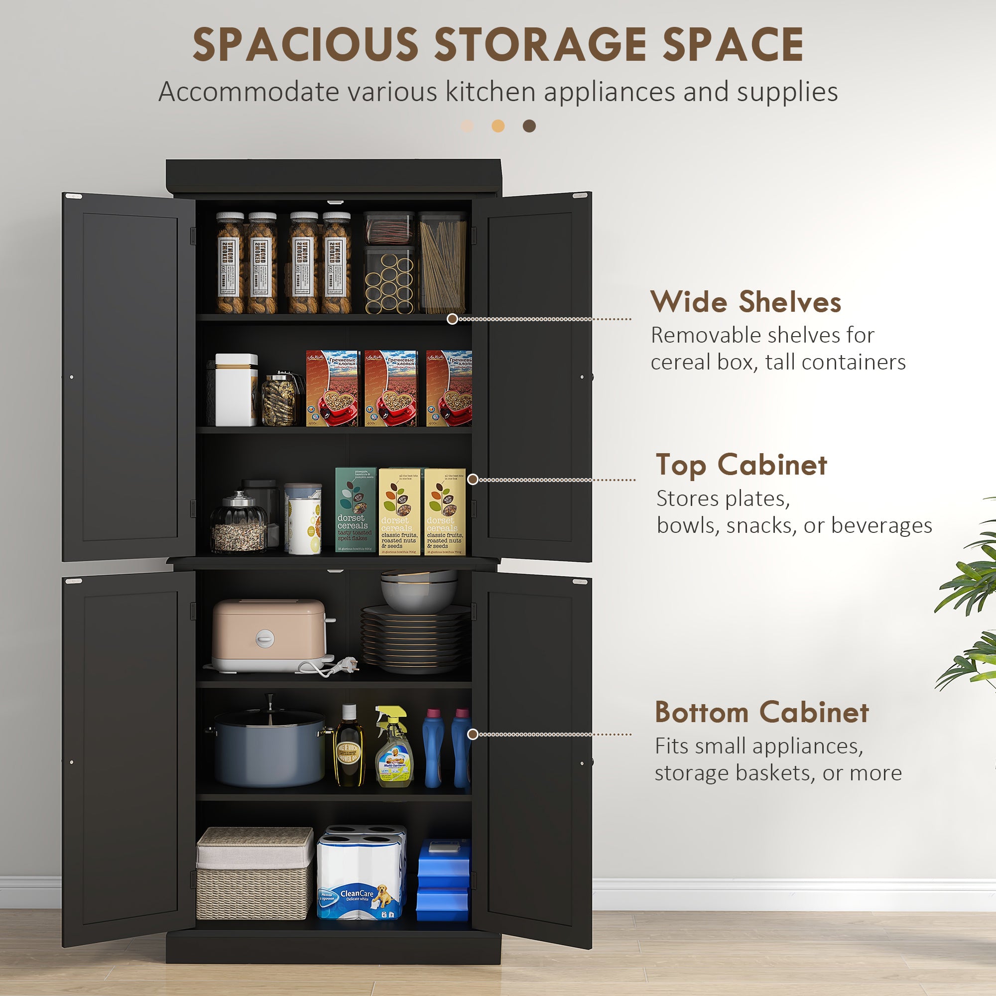 72.5" Freestanding Pantry Cabinet - 4 Doors, Black-DECOROLALA