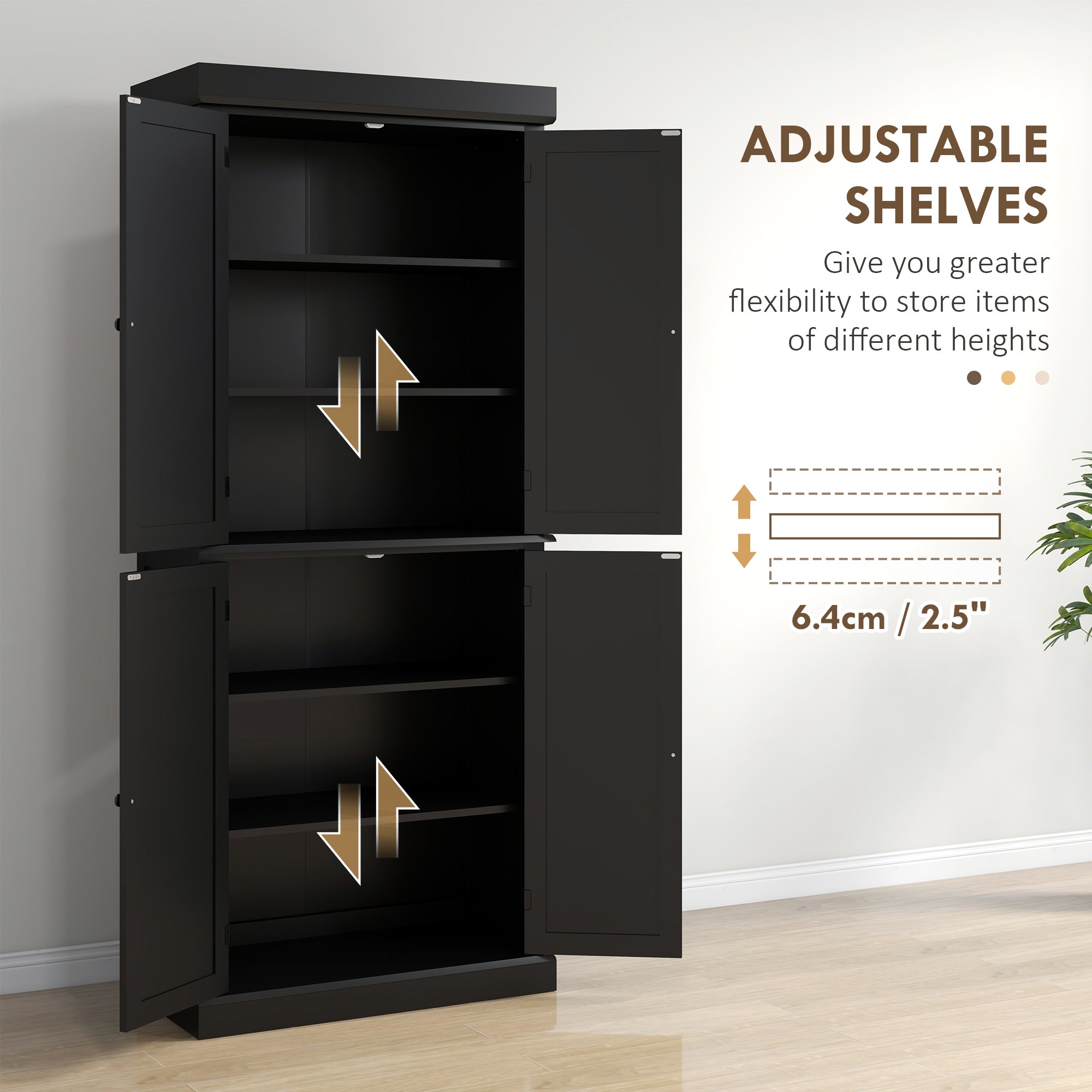 72.5" Freestanding Pantry Cabinet - 4 Doors, Black-DECOROLALA