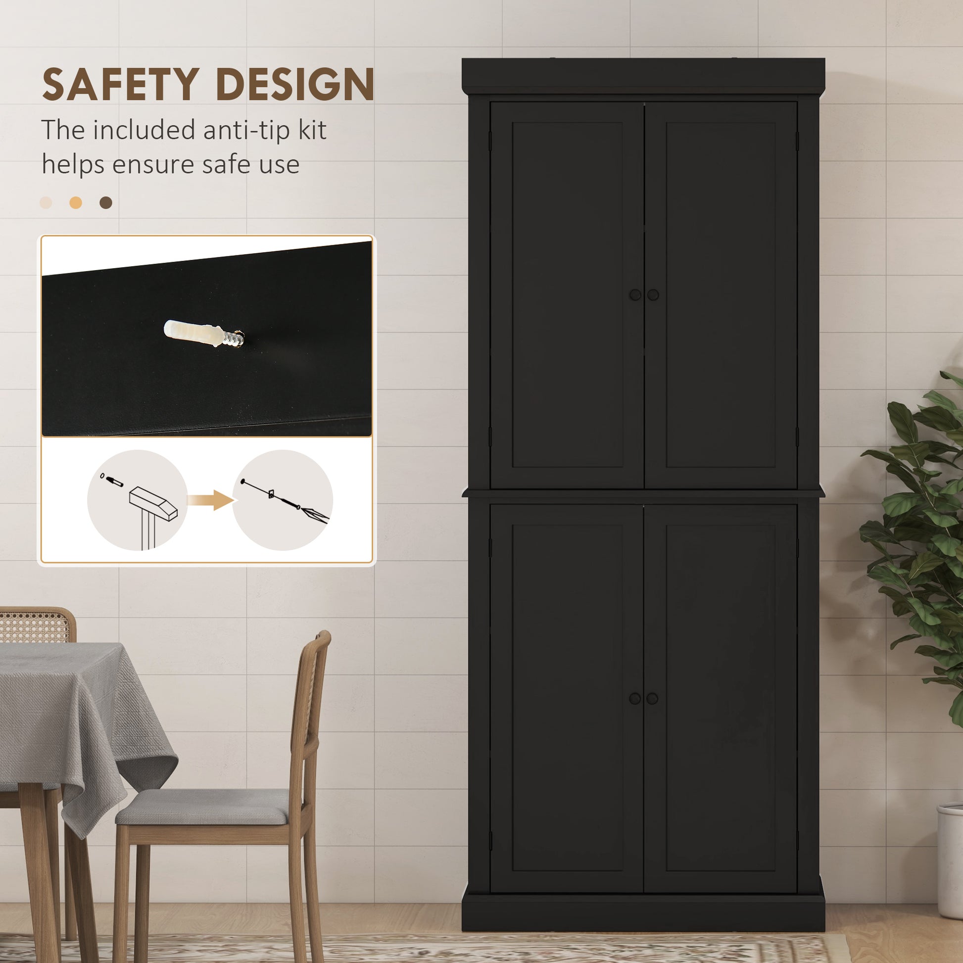 72.5" Freestanding Pantry Cabinet - 4 Doors, Black-DECOROLALA