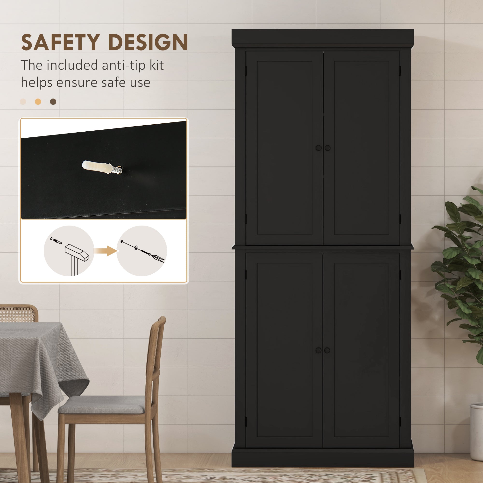 72.5" Freestanding Pantry Cabinet - 4 Doors, Black-DECOROLALA