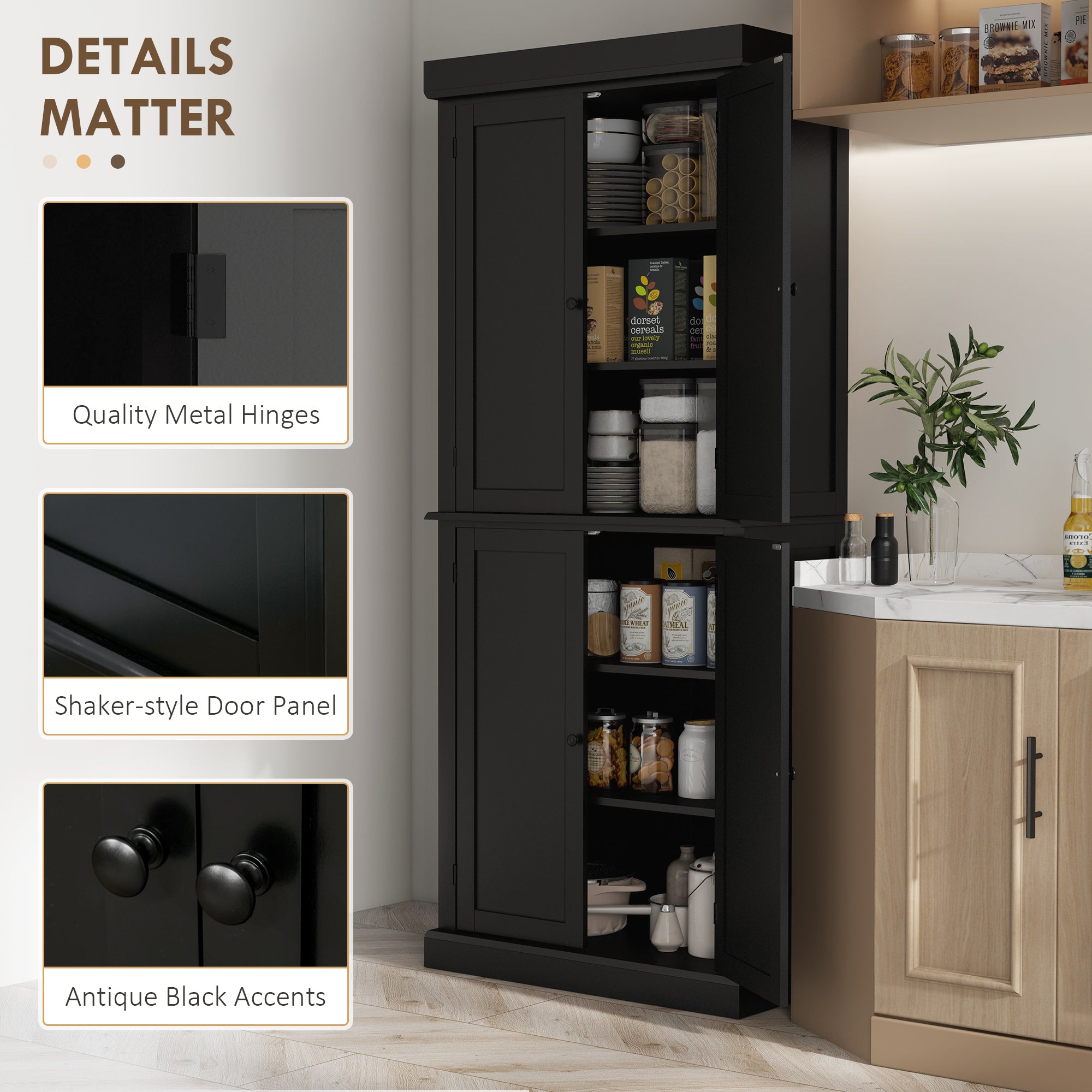 72.5" Freestanding Pantry Cabinet - 4 Doors, Black-DECOROLALA