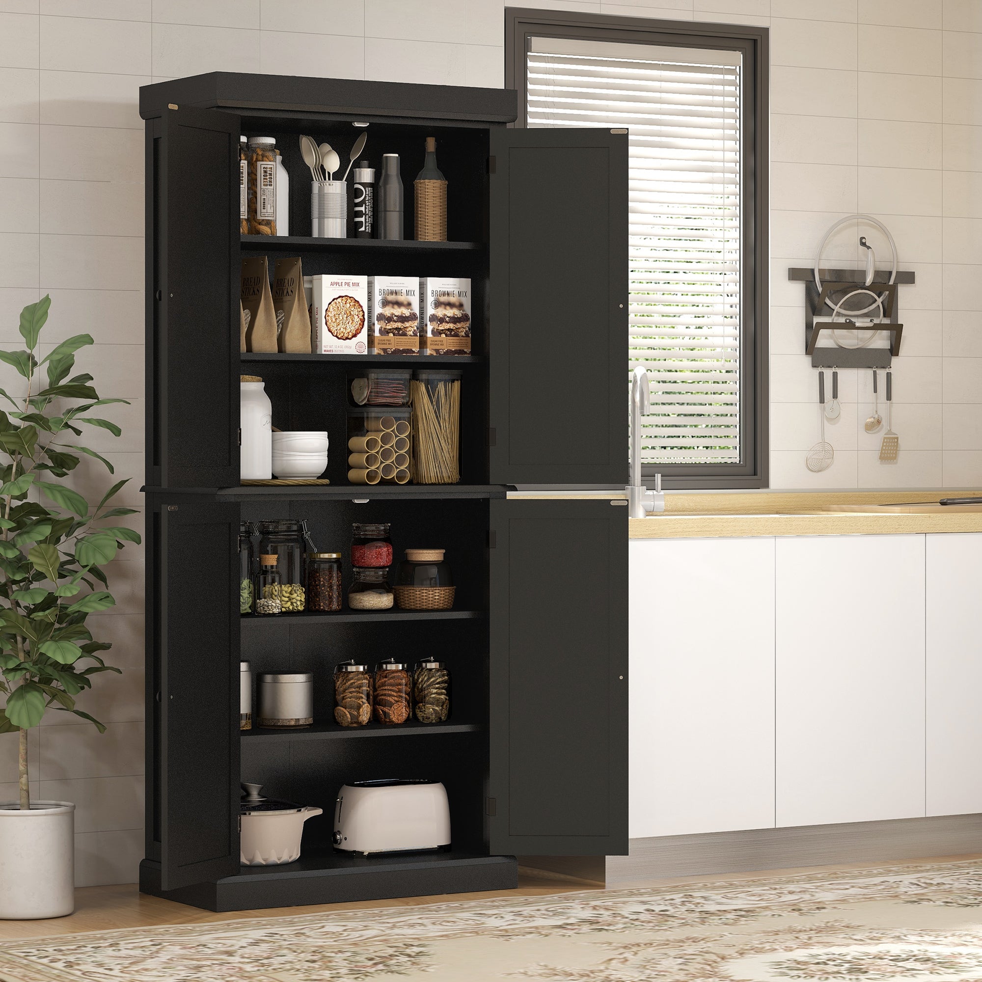 72.5" Freestanding Pantry Cabinet - 4 Doors, Black-DECOROLALA