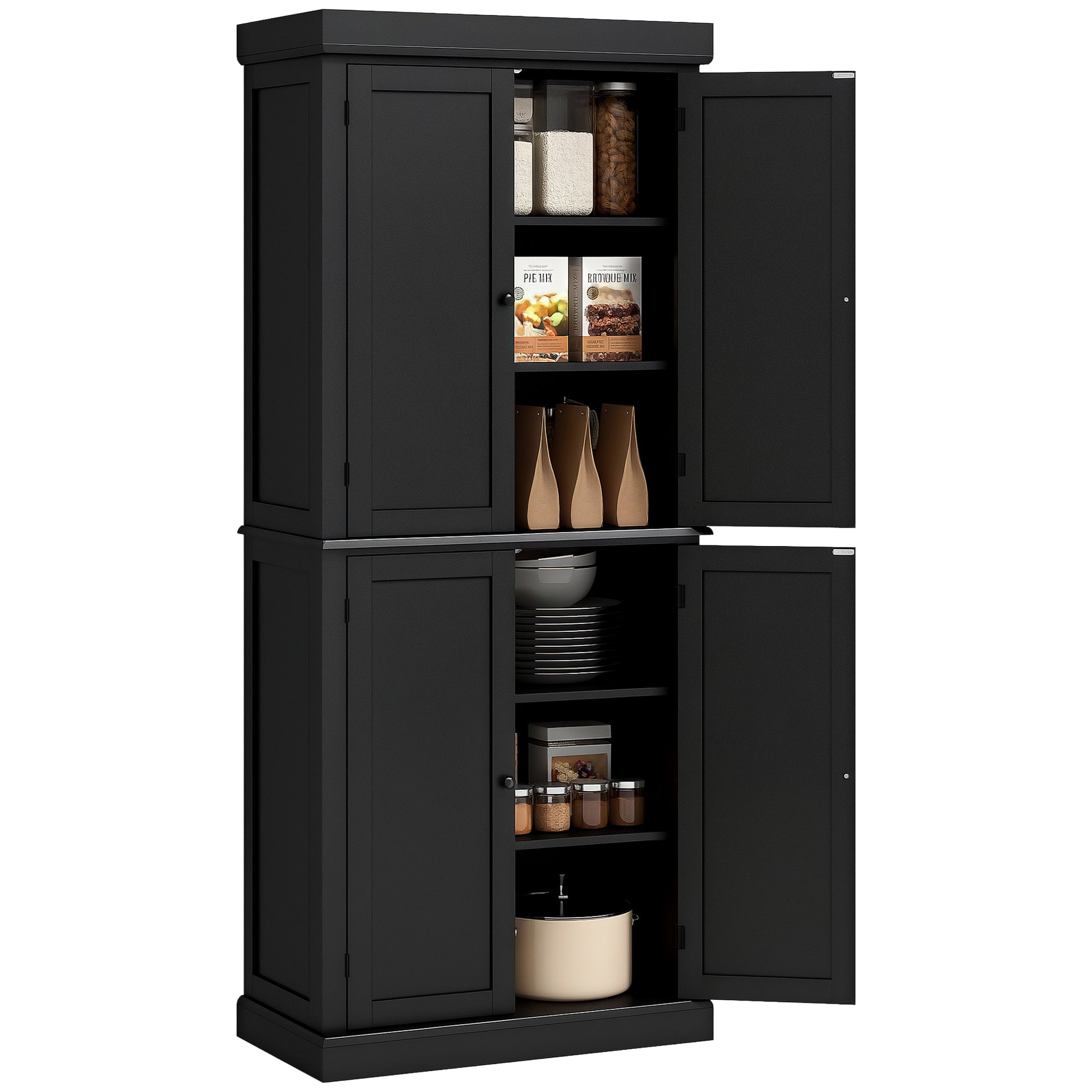 72.5" Freestanding Pantry Cabinet - 4 Doors, Black-DECOROLALA