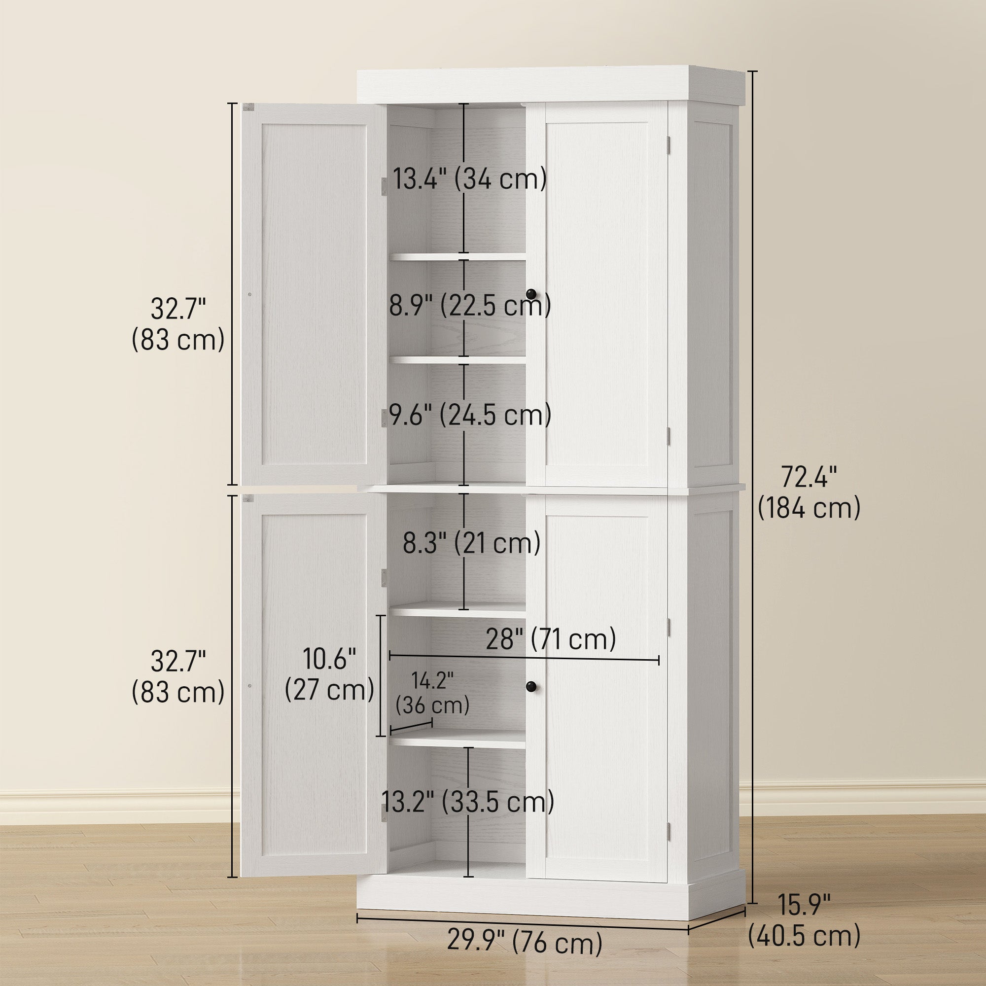 72.5" Freestanding Pantry Cabinet, White, 4 Doors, MDF, 6-Tier Storage-DECOROLALA