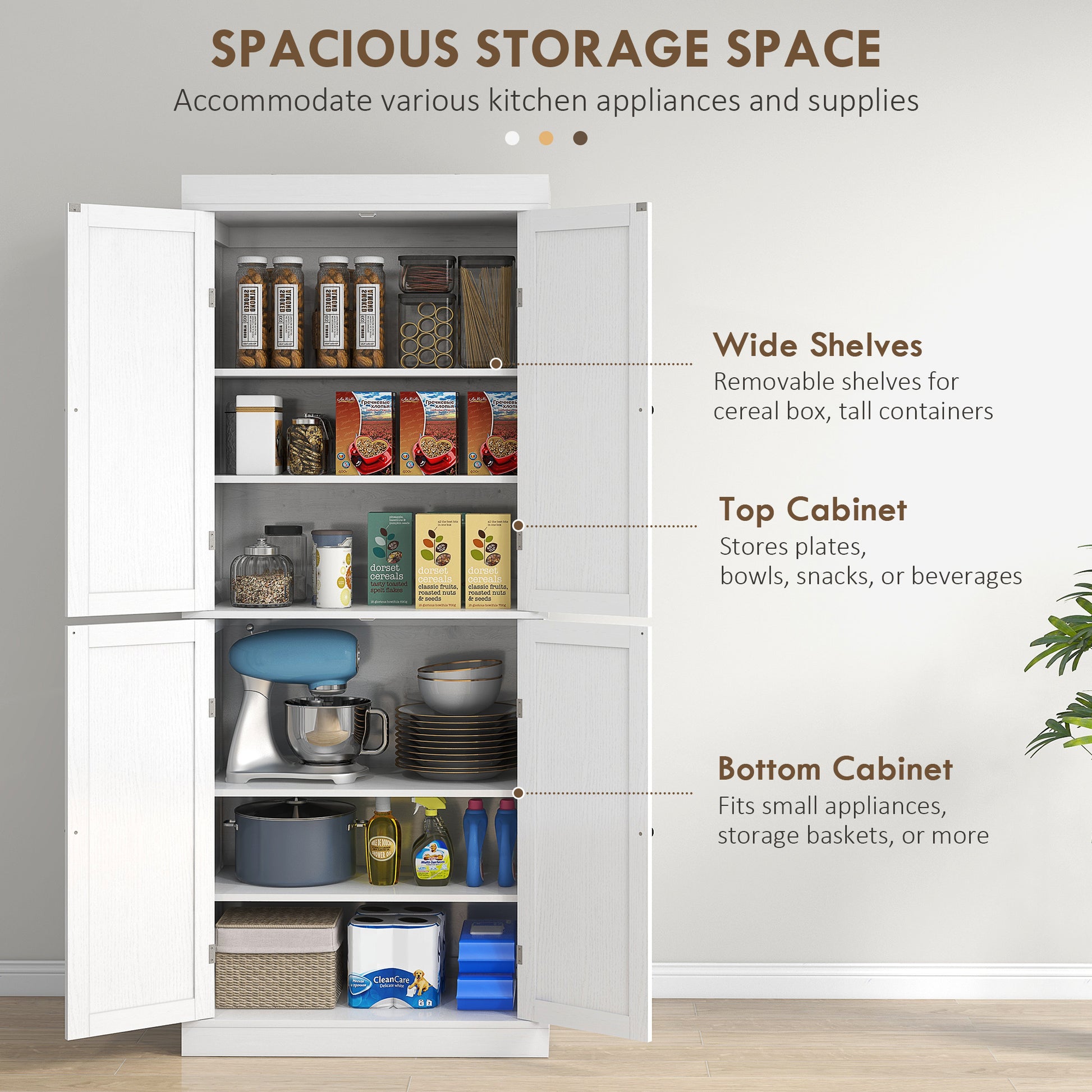 72.5" Freestanding Pantry Cabinet, White, 4 Doors, MDF, 6-Tier Storage-DECOROLALA