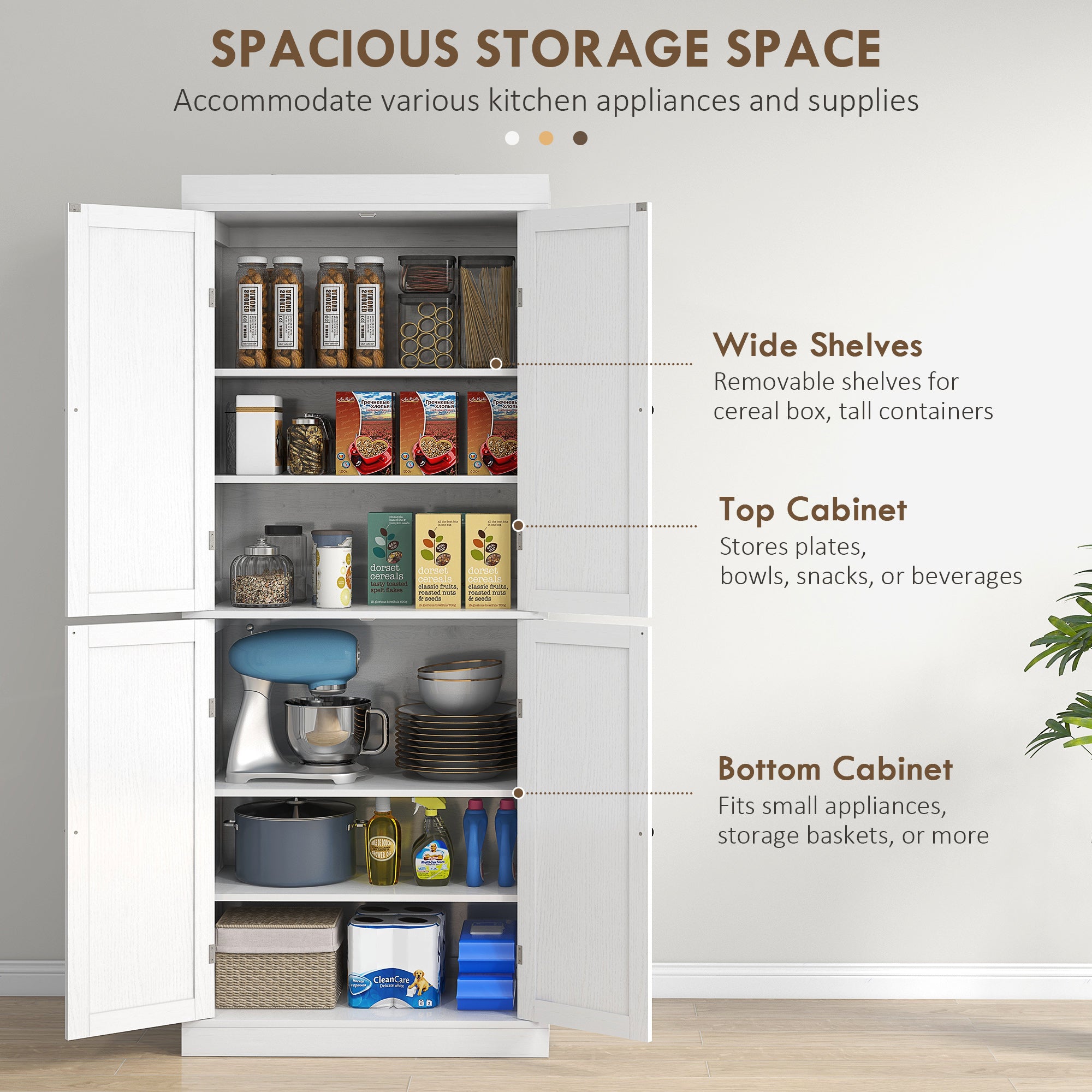 72.5" Freestanding Pantry Cabinet, White, 4 Doors, MDF, 6-Tier Storage-DECOROLALA