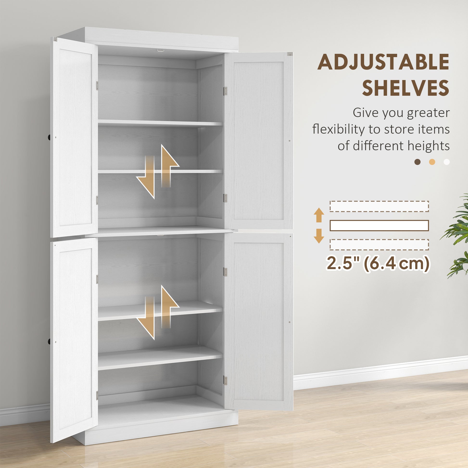 72.5" Freestanding Pantry Cabinet, White, 4 Doors, MDF, 6-Tier Storage-DECOROLALA
