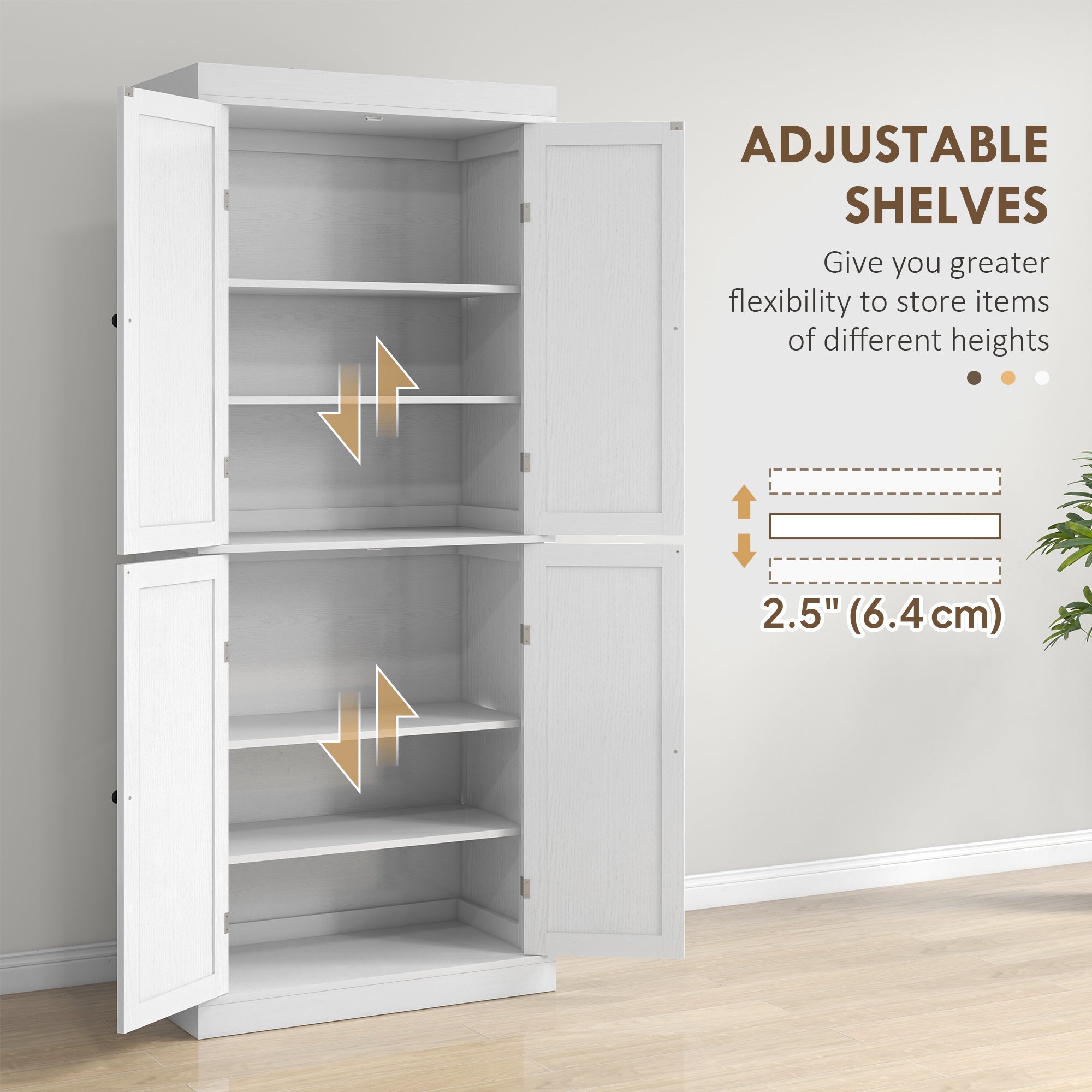72.5" Freestanding Pantry Cabinet, White, 4 Doors, MDF, 6-Tier Storage-DECOROLALA