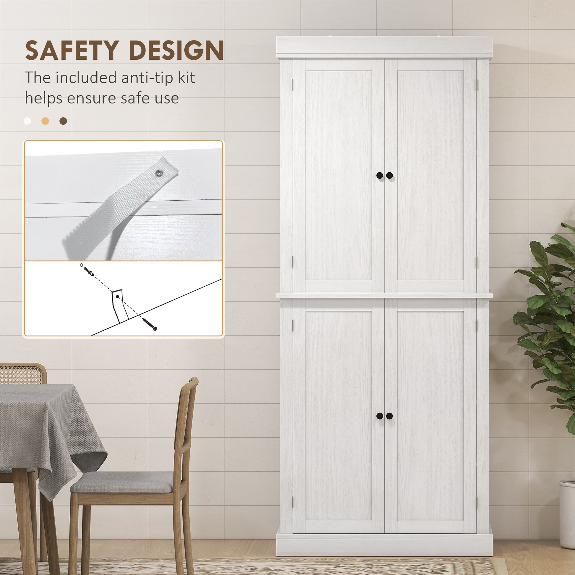 72.5" Freestanding Pantry Cabinet, White, 4 Doors, MDF, 6-Tier Storage-DECOROLALA