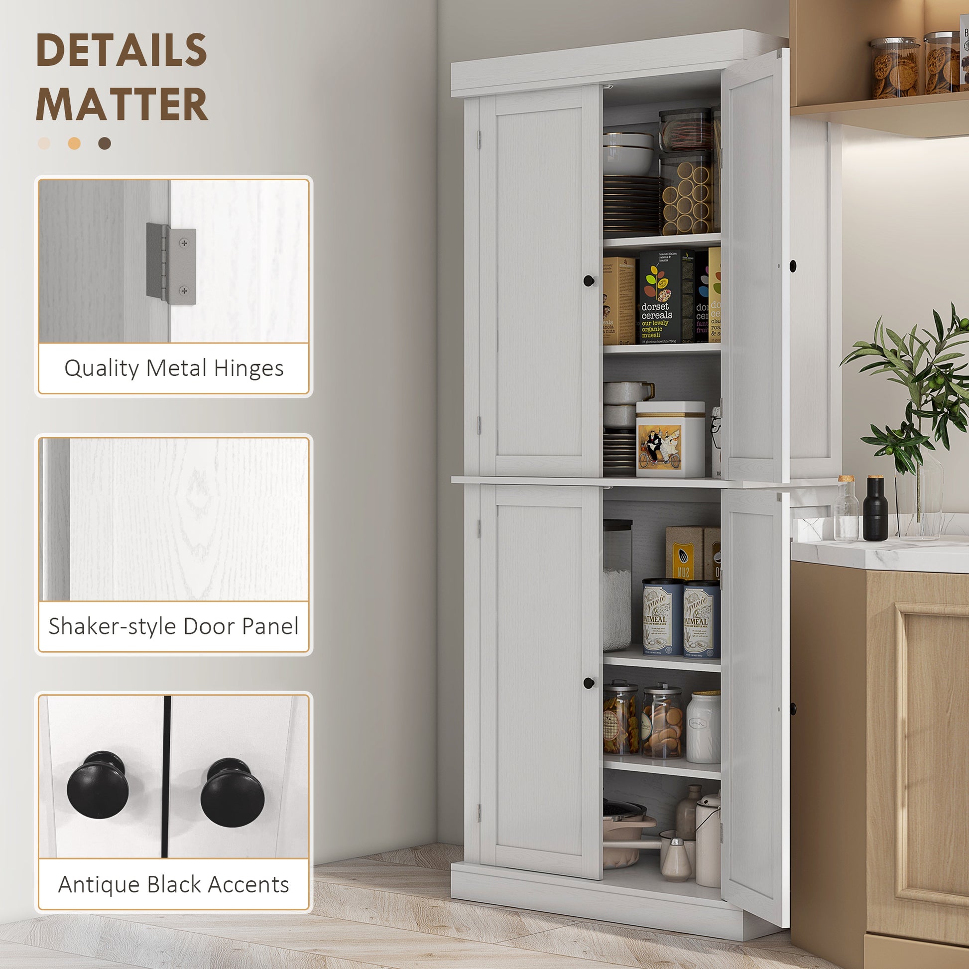 72.5" Freestanding Pantry Cabinet, White, 4 Doors, MDF, 6-Tier Storage-DECOROLALA