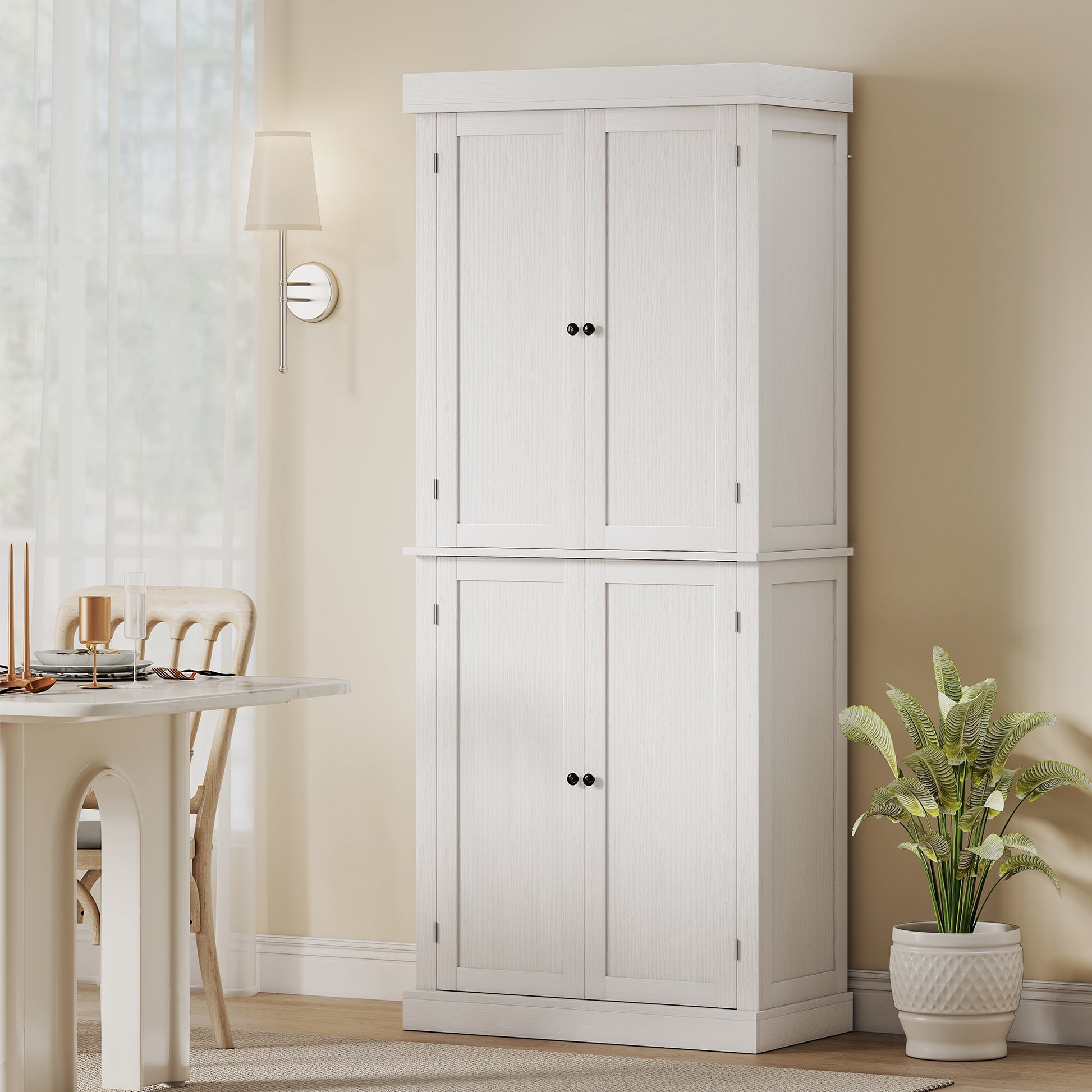 72.5" Freestanding Pantry Cabinet, White, 4 Doors, MDF, 6-Tier Storage-DECOROLALA