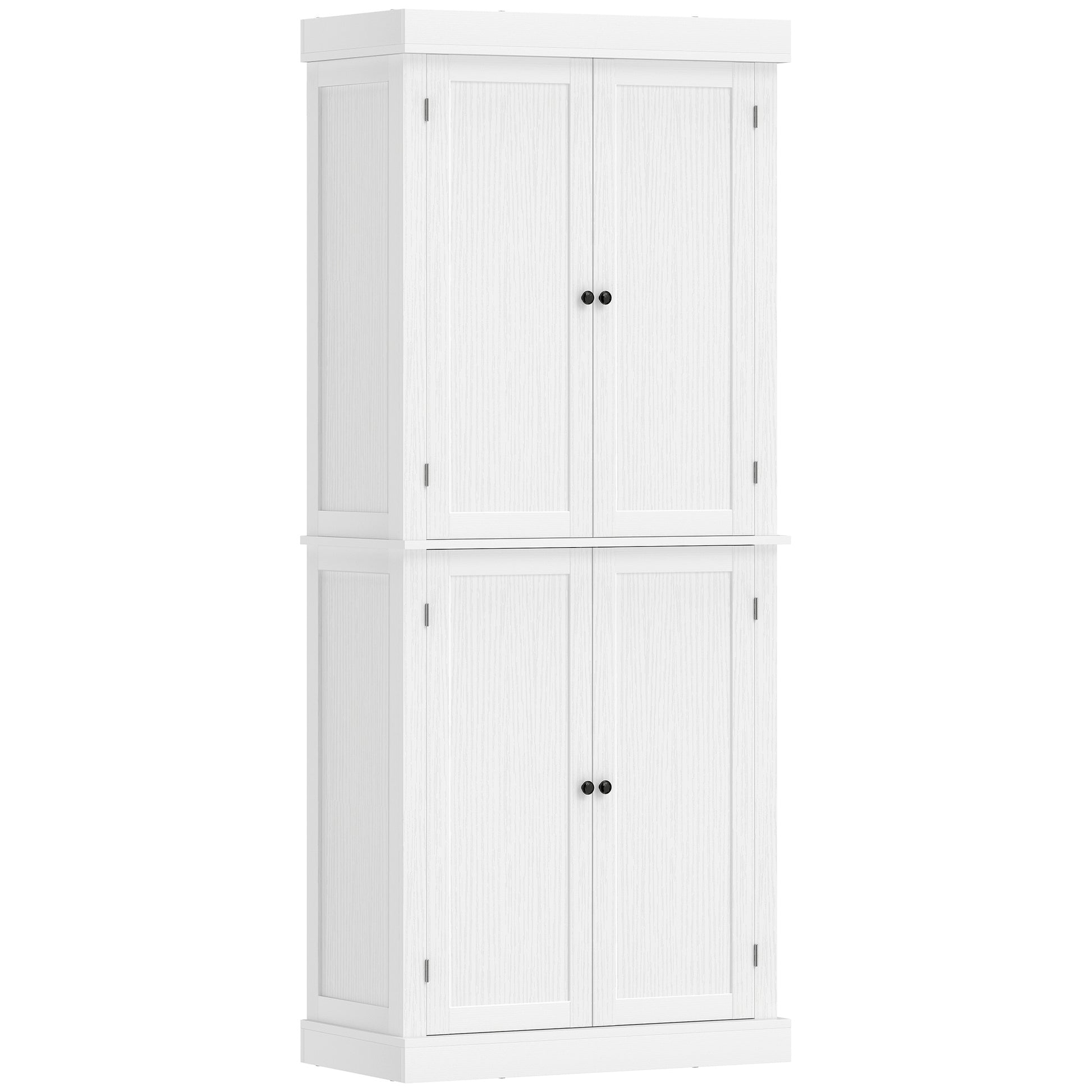 72.5" Freestanding Pantry Cabinet, White, 4 Doors, MDF, 6-Tier Storage-DECOROLALA