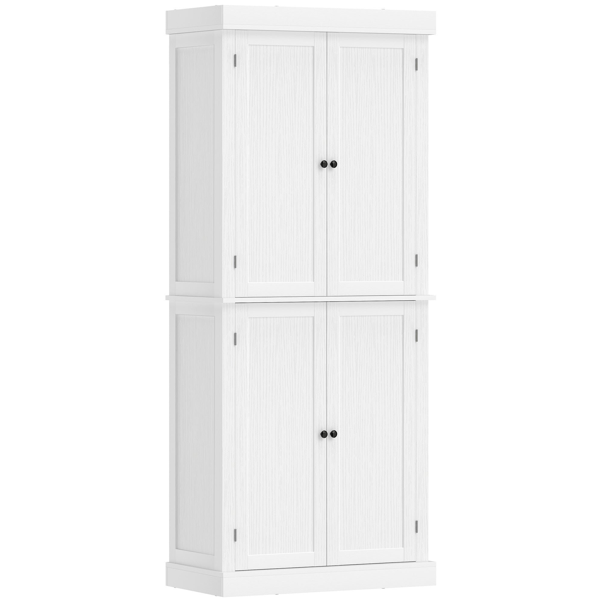 72.5" Freestanding Pantry Cabinet, White, 4 Doors, MDF, 6-Tier Storage-DECOROLALA