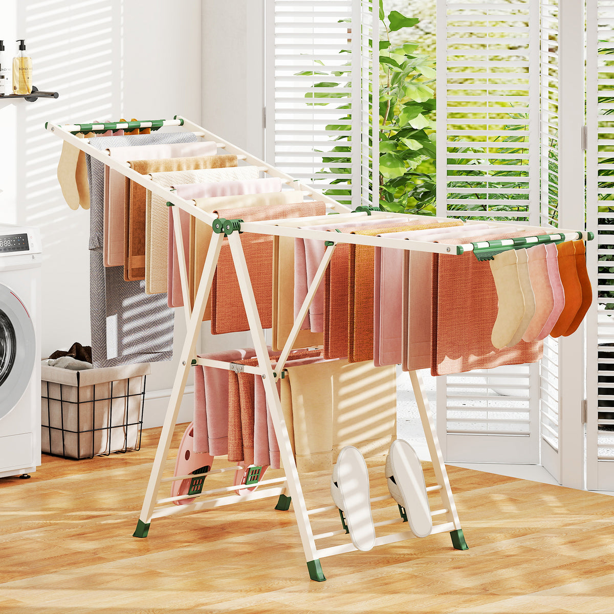 72.5 Inches Clothes Drying Rack with Height Adjustable Wings-Beige ...