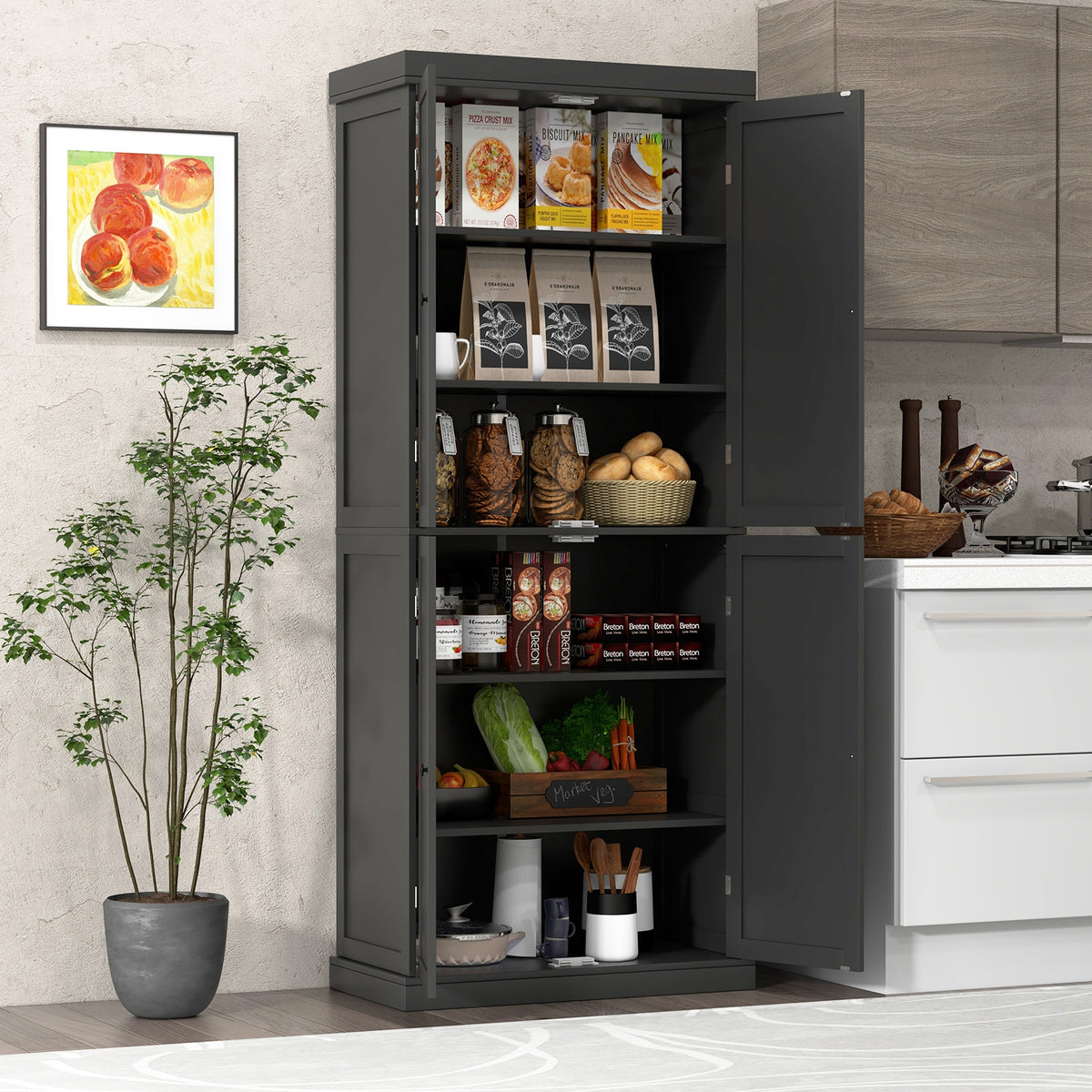 72.5 Inches Tall Buffet Cabinet with 6-Tier Shelves and 4 Doors-Black-Sideboards & Buffets-DECOROLALA