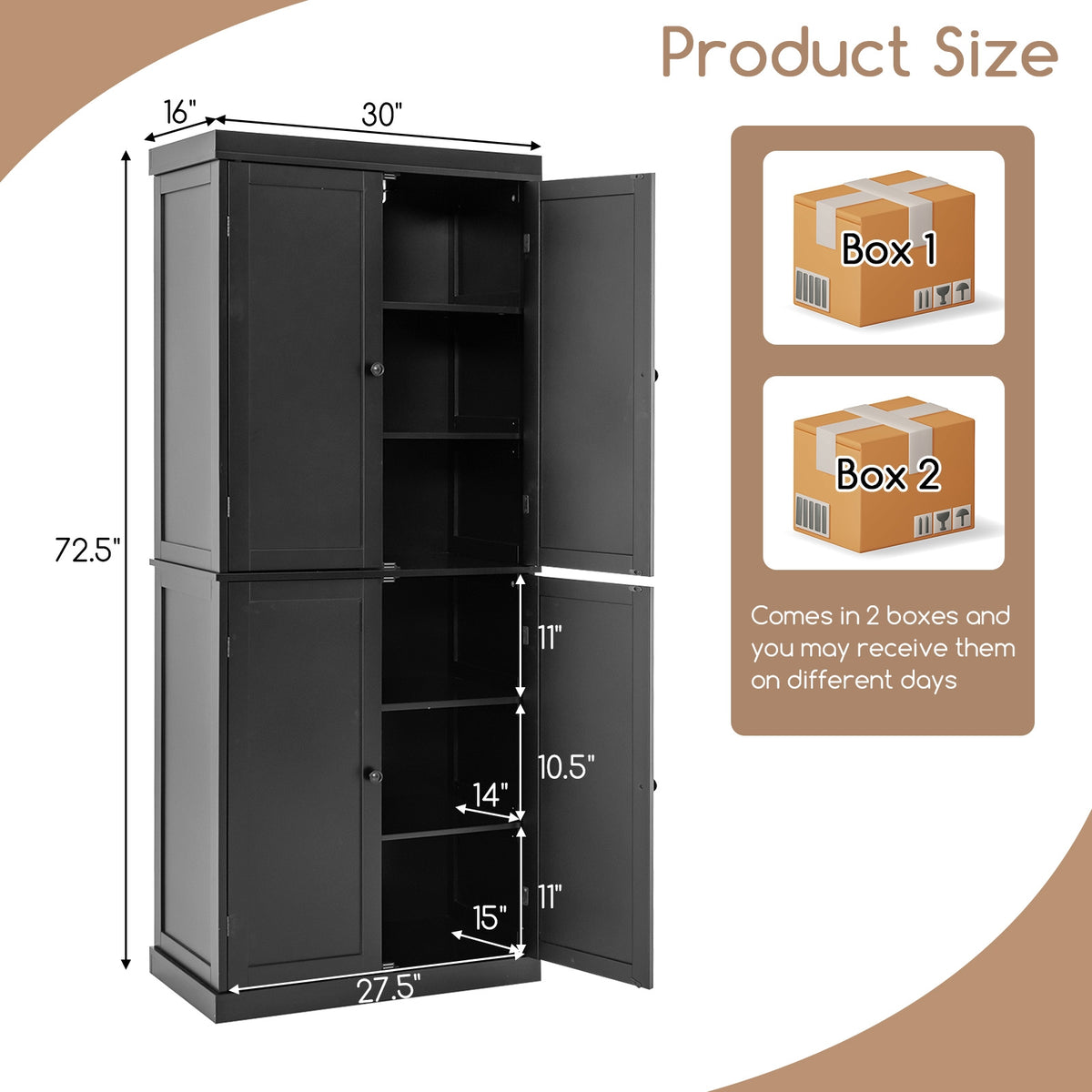 72.5 Inches Tall Buffet Cabinet with 6-Tier Shelves and 4 Doors-Black-Sideboards & Buffets-DECOROLALA