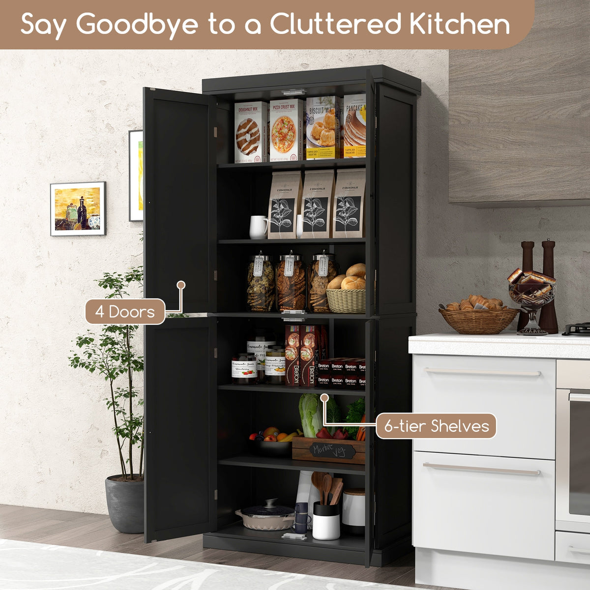 72.5 Inches Tall Buffet Cabinet with 6-Tier Shelves and 4 Doors-Black-Sideboards & Buffets-DECOROLALA