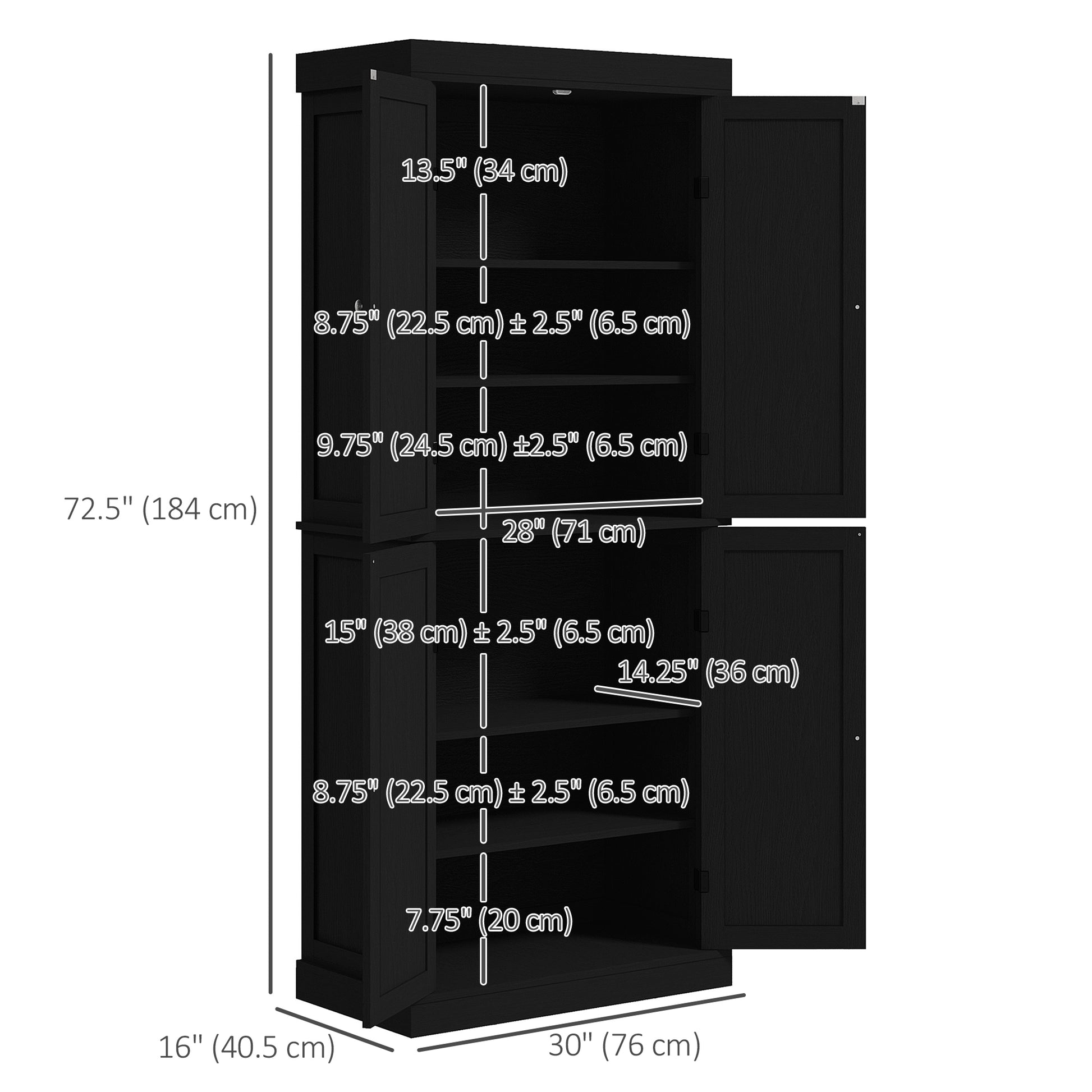 72.5" Kitchen Pantry Cabinet - 4 Doors, Black-DECOROLALA