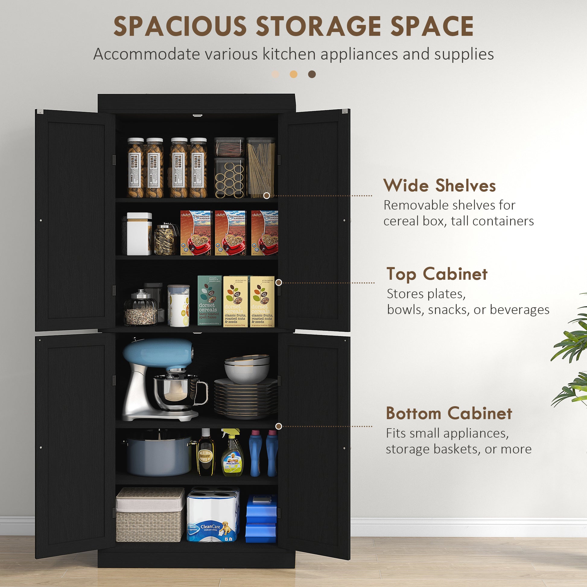 72.5" Kitchen Pantry Cabinet - 4 Doors, Black-DECOROLALA