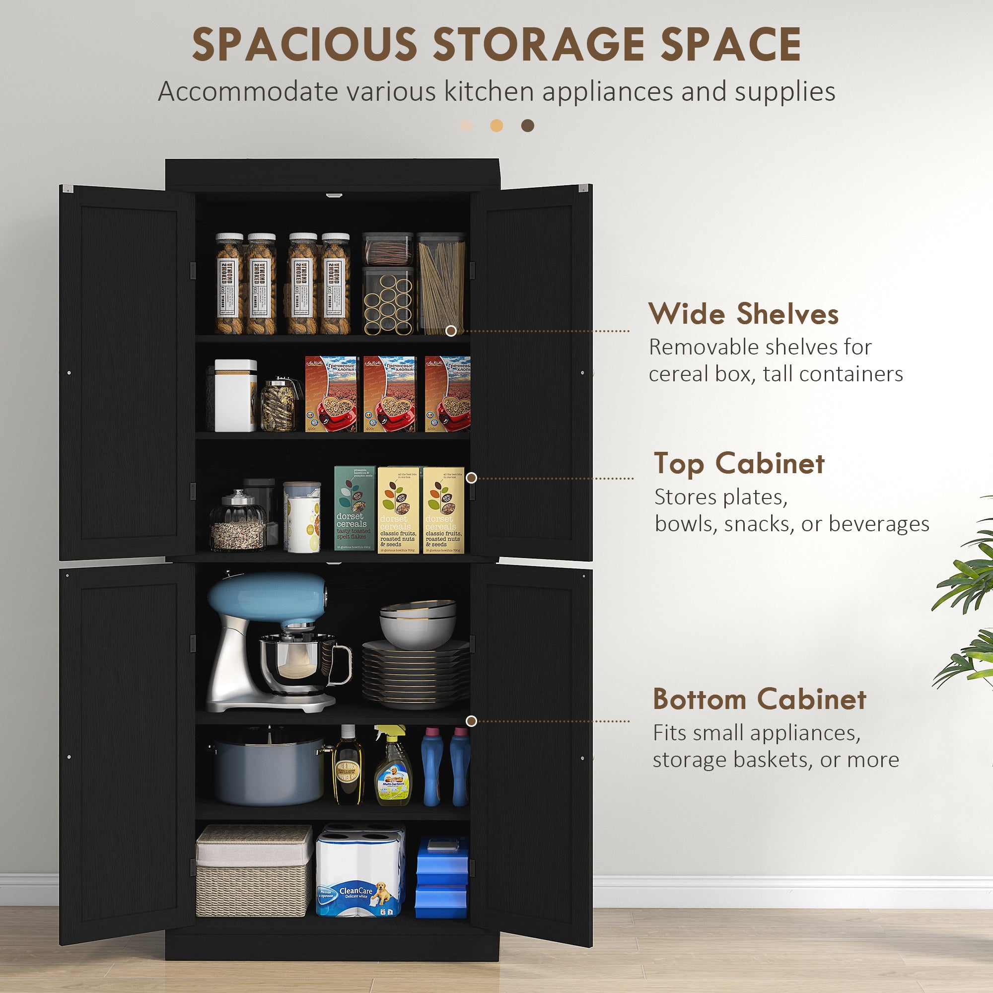 72.5" Kitchen Pantry Cabinet - 4 Doors, Black-DECOROLALA