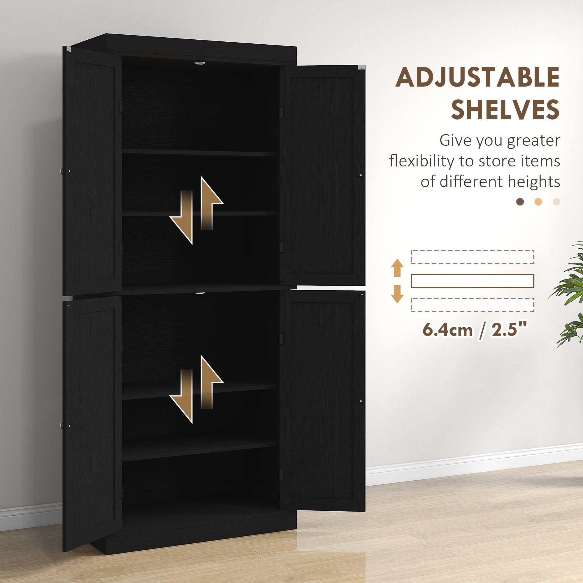 72.5" Kitchen Pantry Cabinet - 4 Doors, Black-DECOROLALA