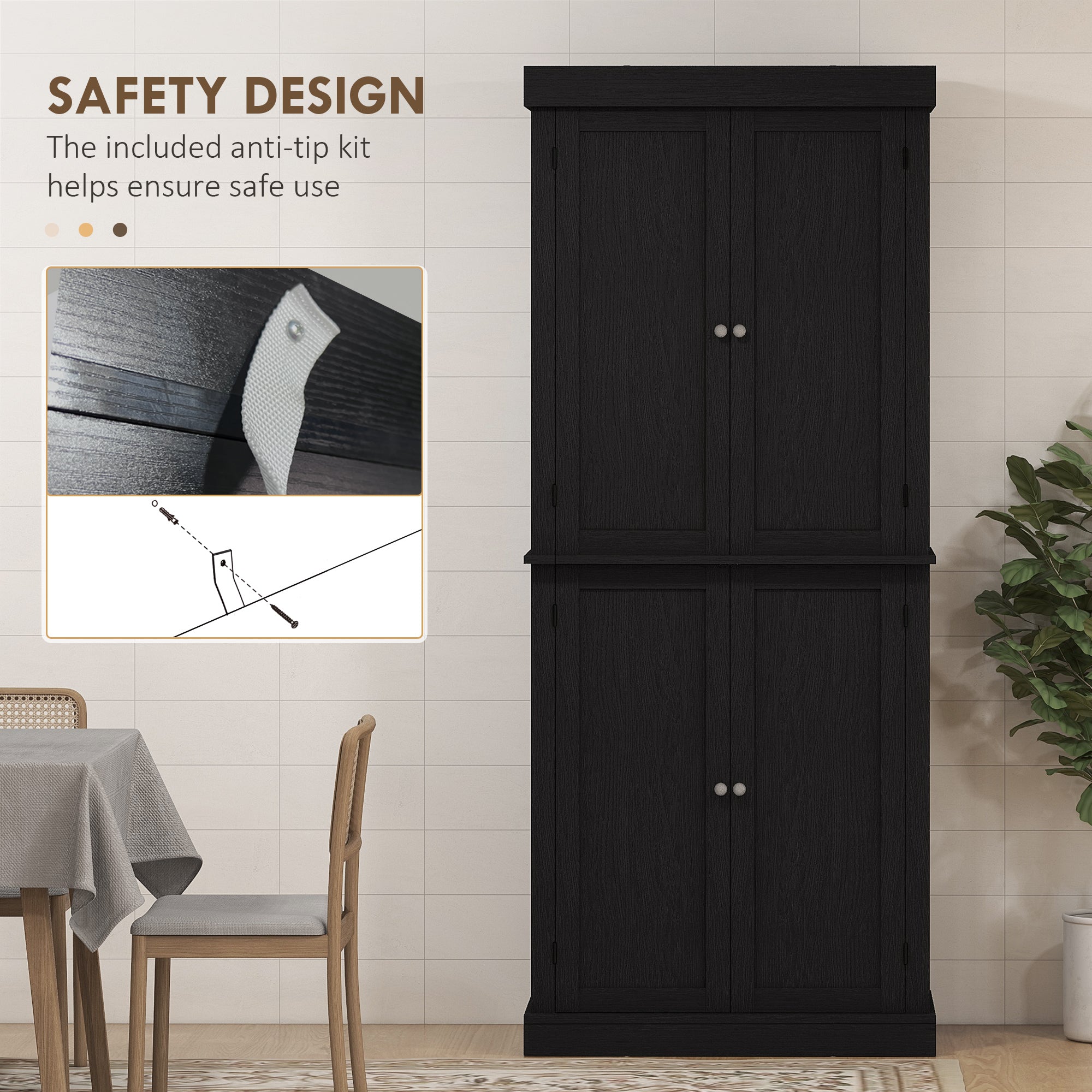 72.5" Kitchen Pantry Cabinet - 4 Doors, Black-DECOROLALA