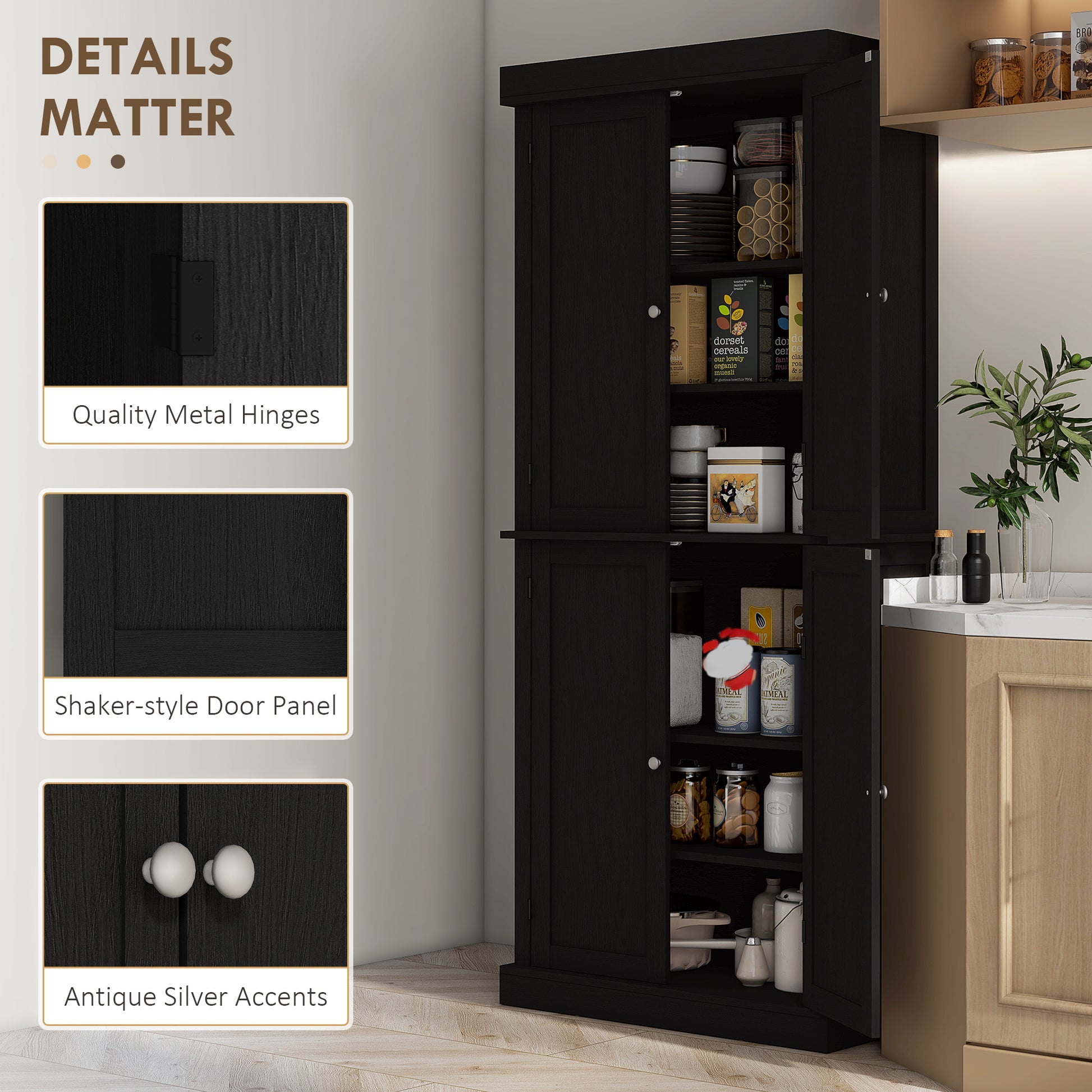 72.5" Kitchen Pantry Cabinet - 4 Doors, Black-DECOROLALA