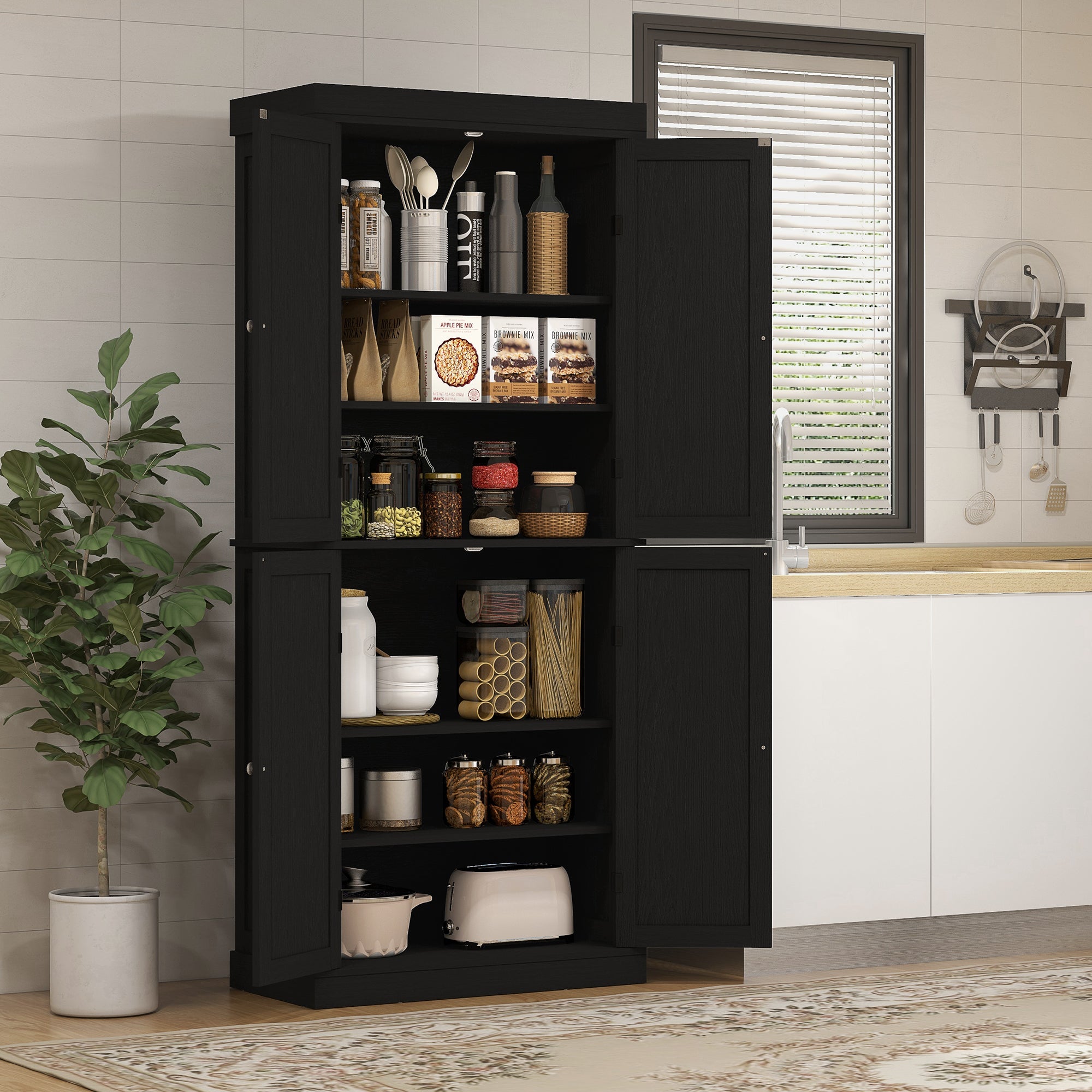 72.5" Kitchen Pantry Cabinet - 4 Doors, Black-DECOROLALA