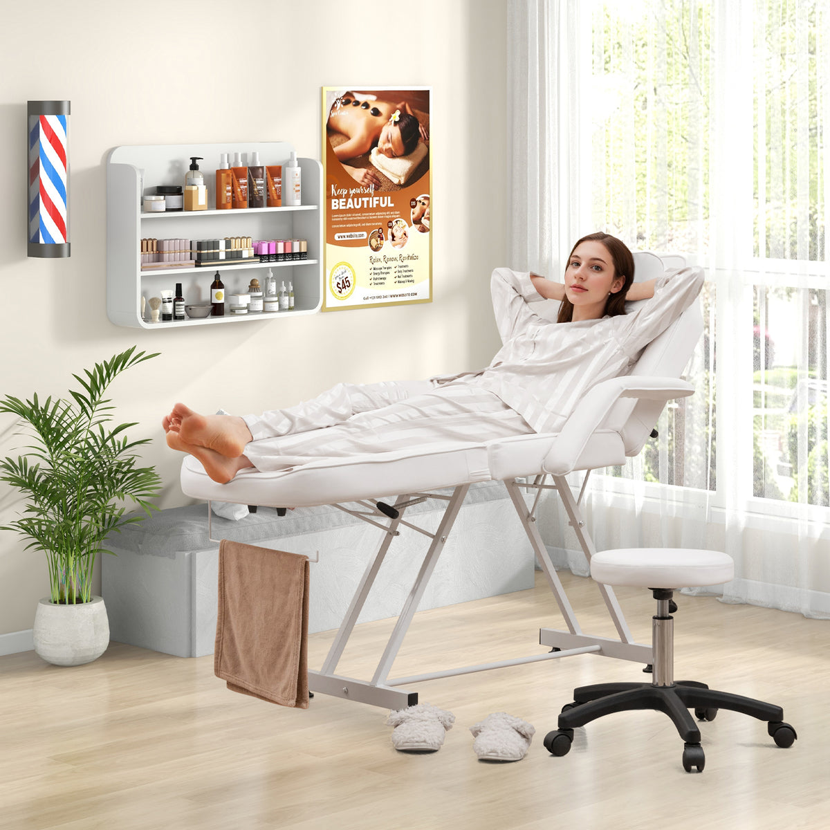 73 Inch Facial Chair Set with Removable Headrest Detachable Armrests and Towel Rack-White-Massage & Relaxation Products-DECOROLALA