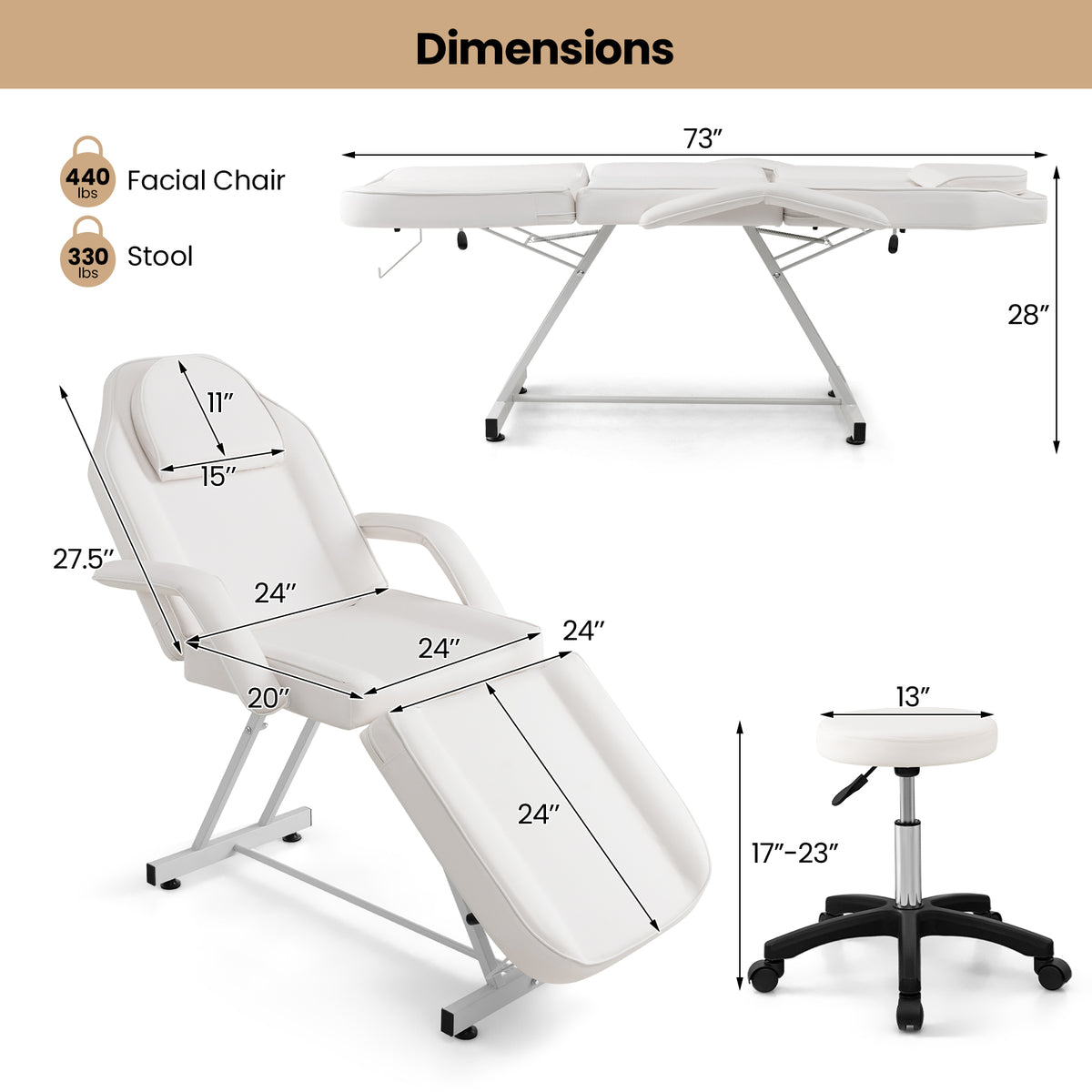 73 Inch Facial Chair Set with Removable Headrest Detachable Armrests and Towel Rack-White-Massage & Relaxation Products-DECOROLALA