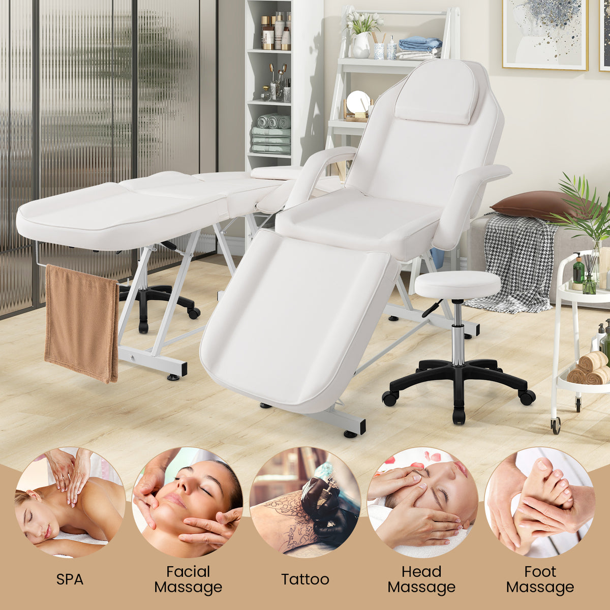 73 Inch Facial Chair Set with Removable Headrest Detachable Armrests and Towel Rack-White-Massage & Relaxation Products-DECOROLALA