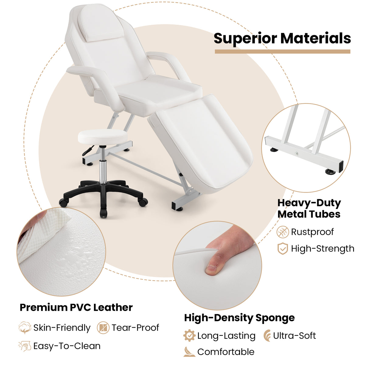 73 Inch Facial Chair Set with Removable Headrest Detachable Armrests and Towel Rack-White-Massage & Relaxation Products-DECOROLALA