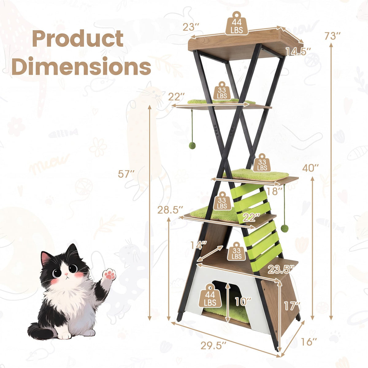 73 Inch Multi-level Cat Tree for Indoor Cats with Elevated Perch and Large Condo-Green-Cat Trees & Scratchers-DECOROLALA