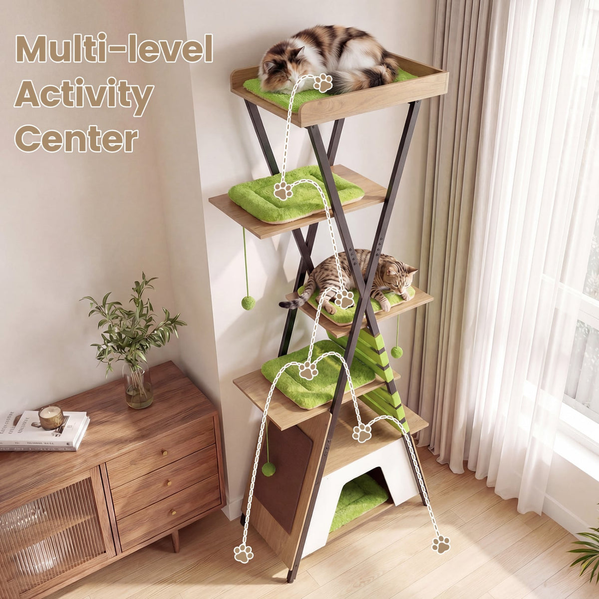 73 Inch Multi-level Cat Tree for Indoor Cats with Elevated Perch and Large Condo-Green-Cat Trees & Scratchers-DECOROLALA