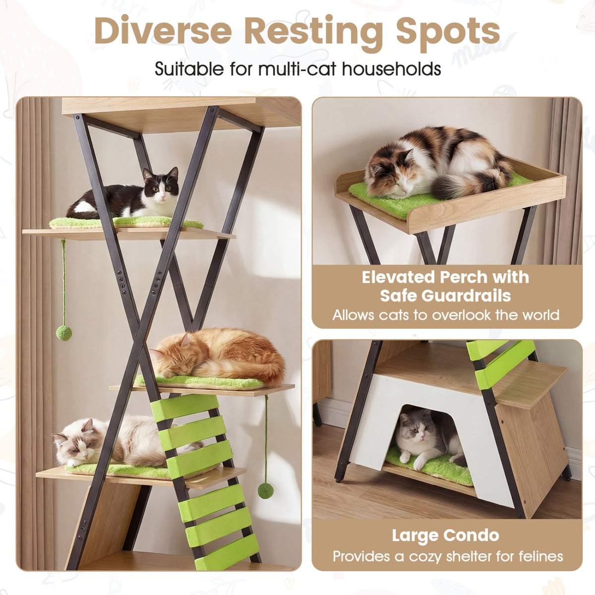 73 Inch Multi-level Cat Tree for Indoor Cats with Elevated Perch and Large Condo-Green-Cat Trees & Scratchers-DECOROLALA