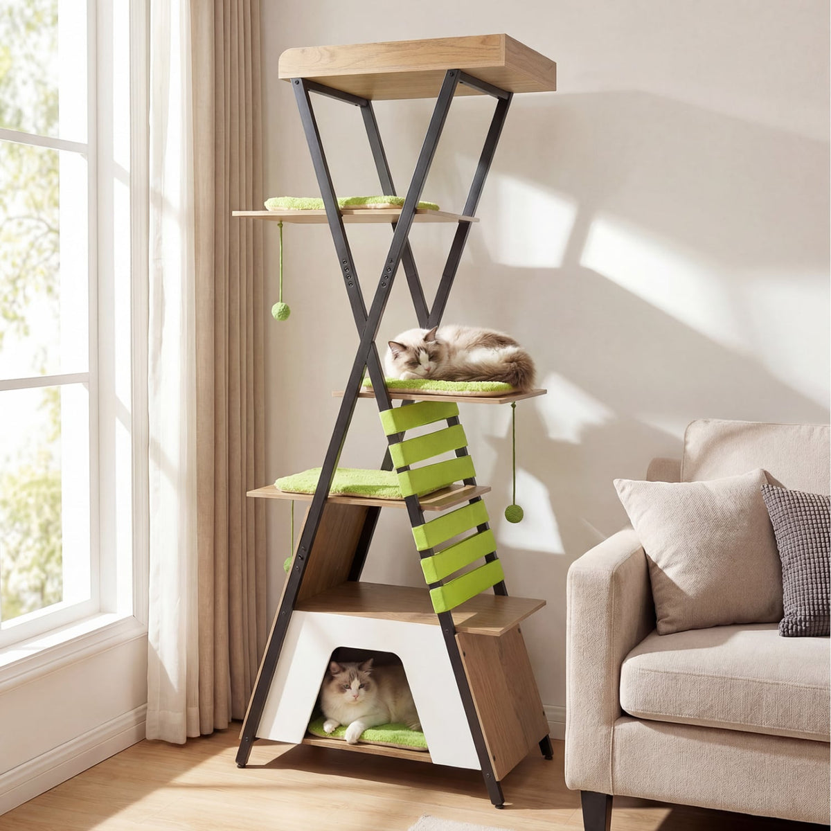 73 Inch Multi-level Cat Tree for Indoor Cats with Elevated Perch and Large Condo-Green-Cat Trees & Scratchers-DECOROLALA