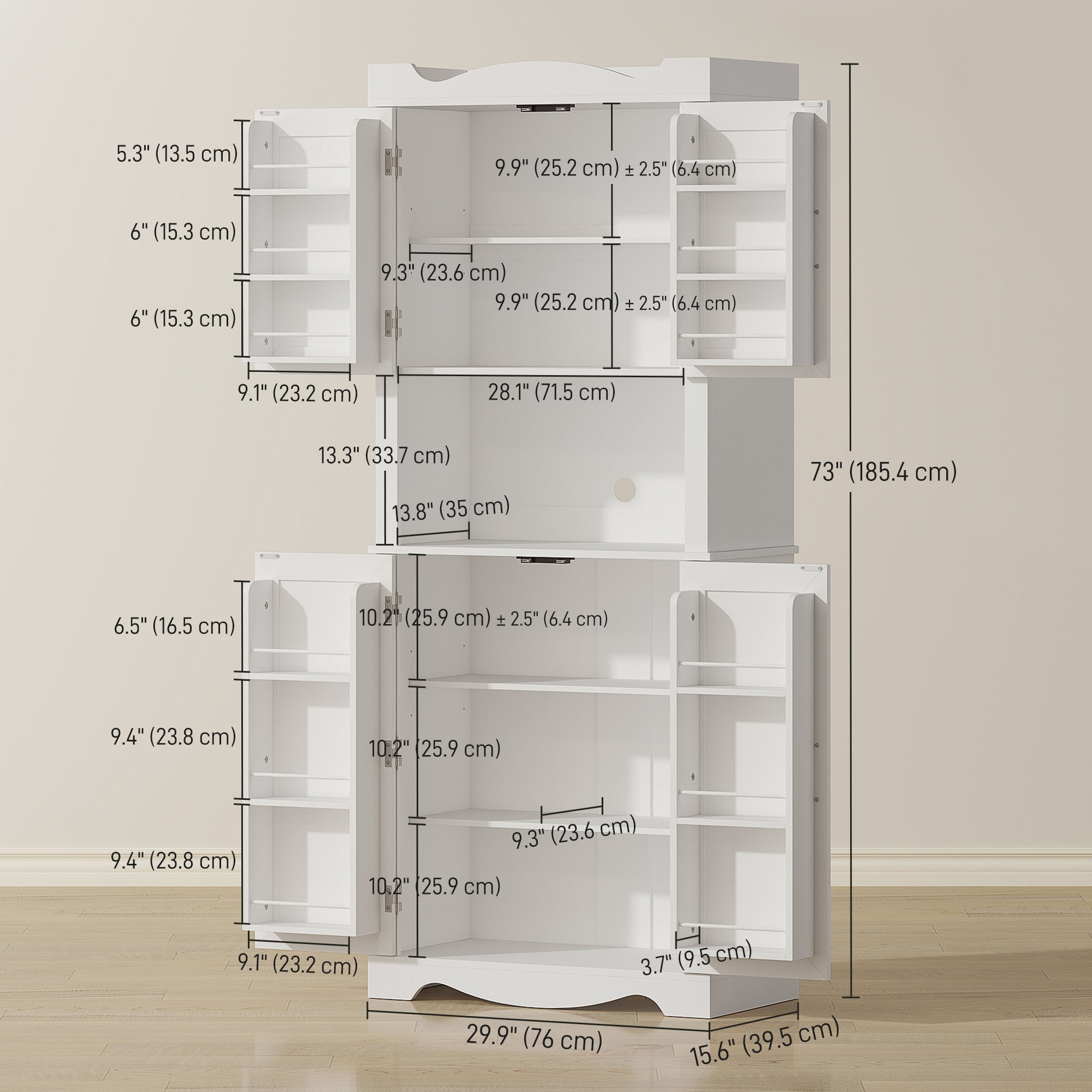 73" Kitchen Pantry Cabinet - White with Adjustable Shelves & Microwave Stand-DECOROLALA