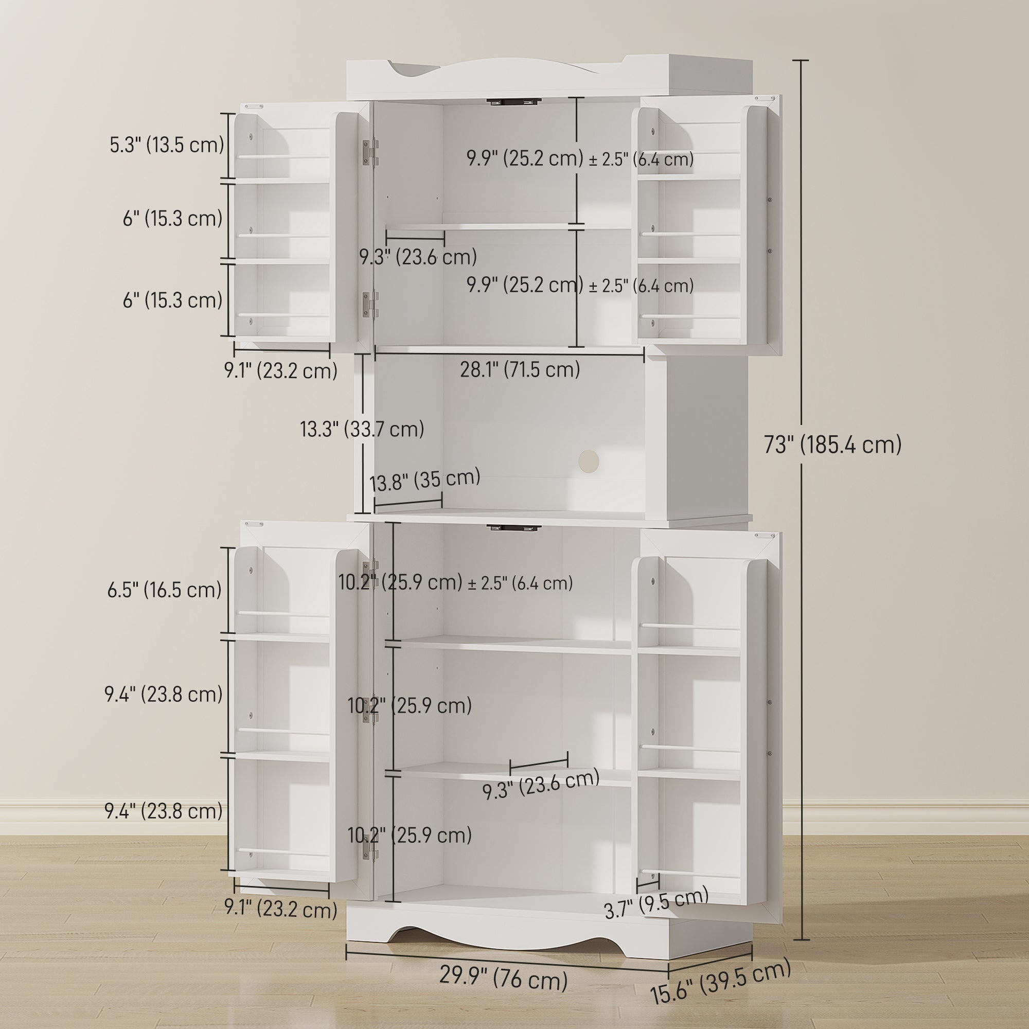 73" Kitchen Pantry Cabinet - White with Adjustable Shelves & Microwave Stand-DECOROLALA