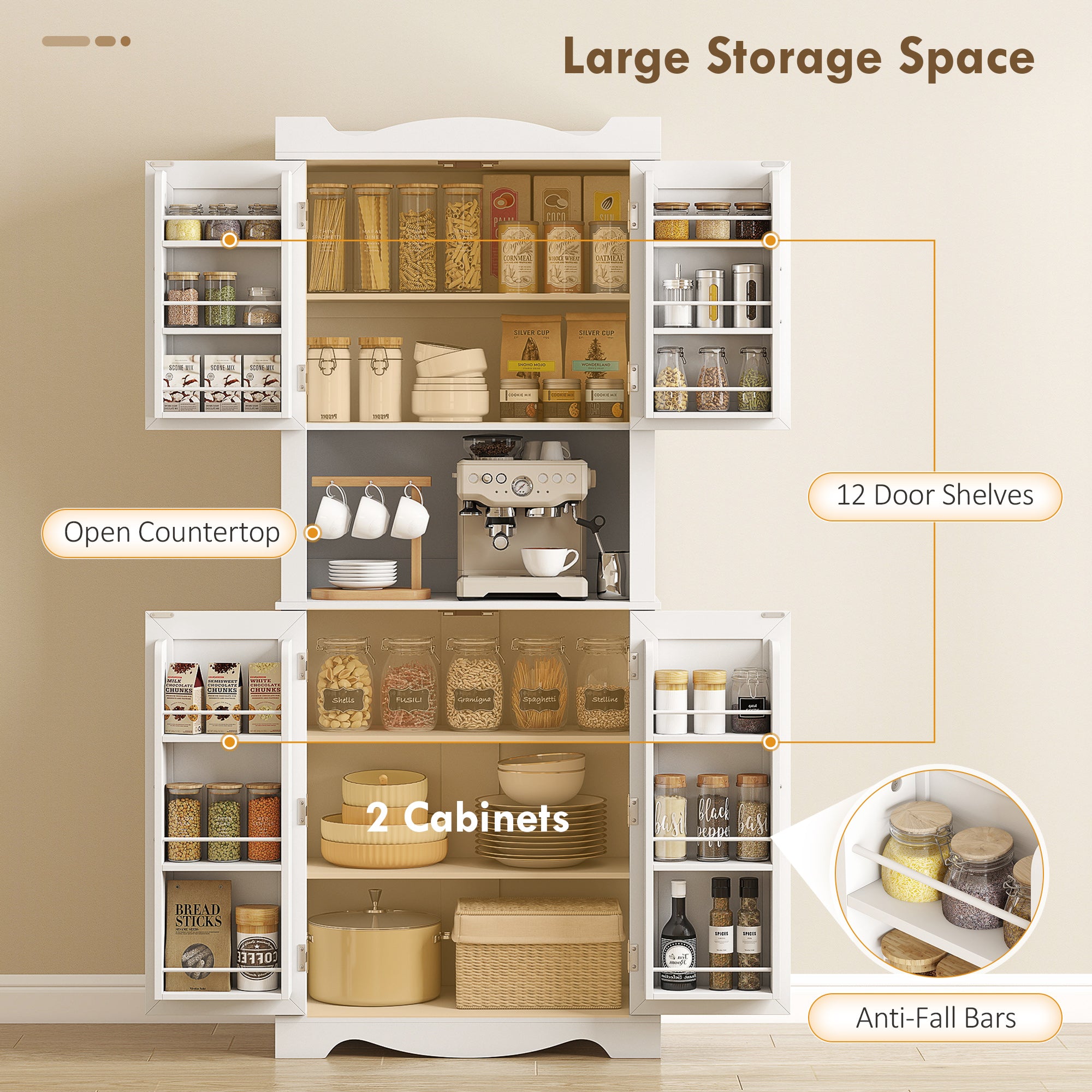 73" Kitchen Pantry Cabinet - White with Adjustable Shelves & Microwave Stand-DECOROLALA