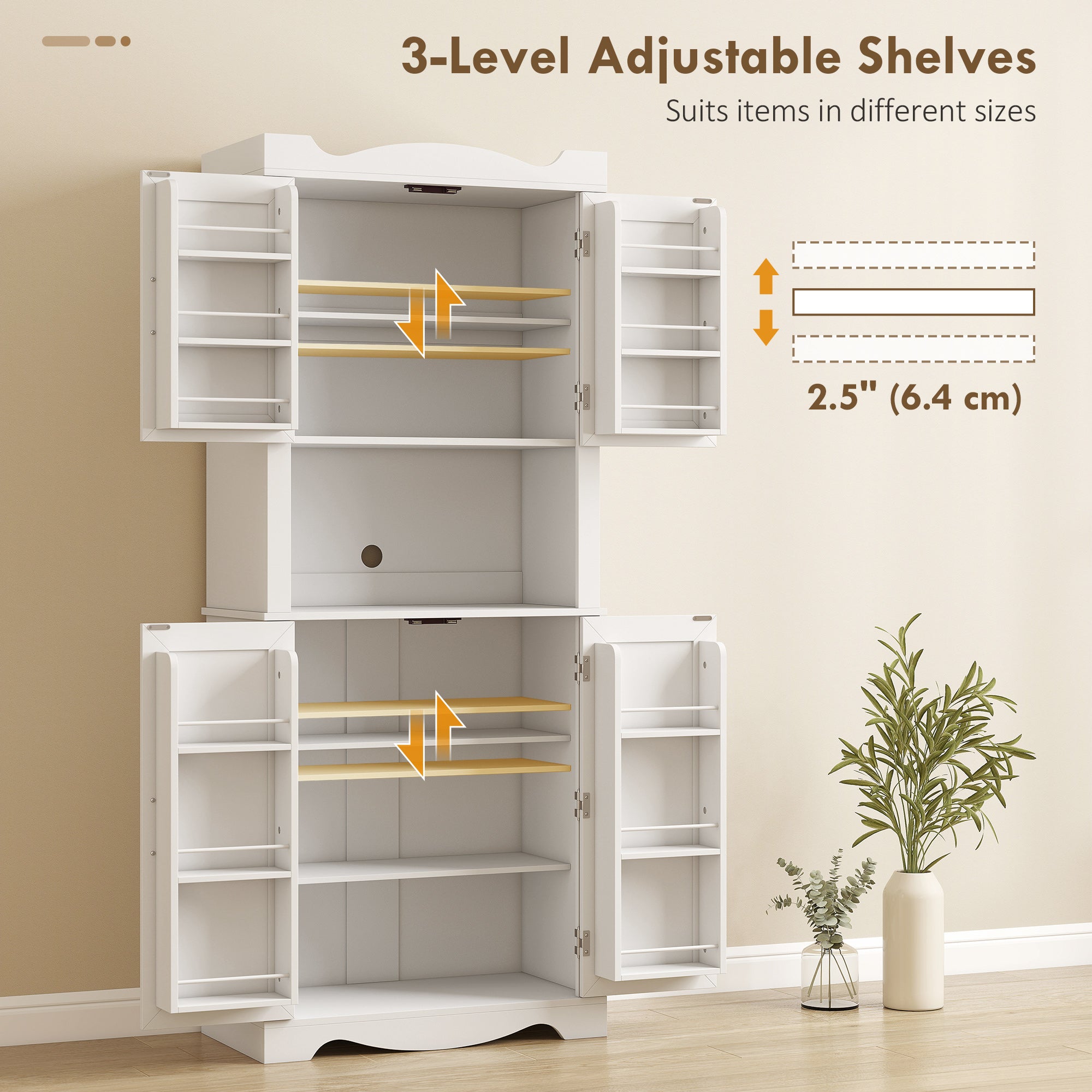 73" Kitchen Pantry Cabinet - White with Adjustable Shelves & Microwave Stand-DECOROLALA