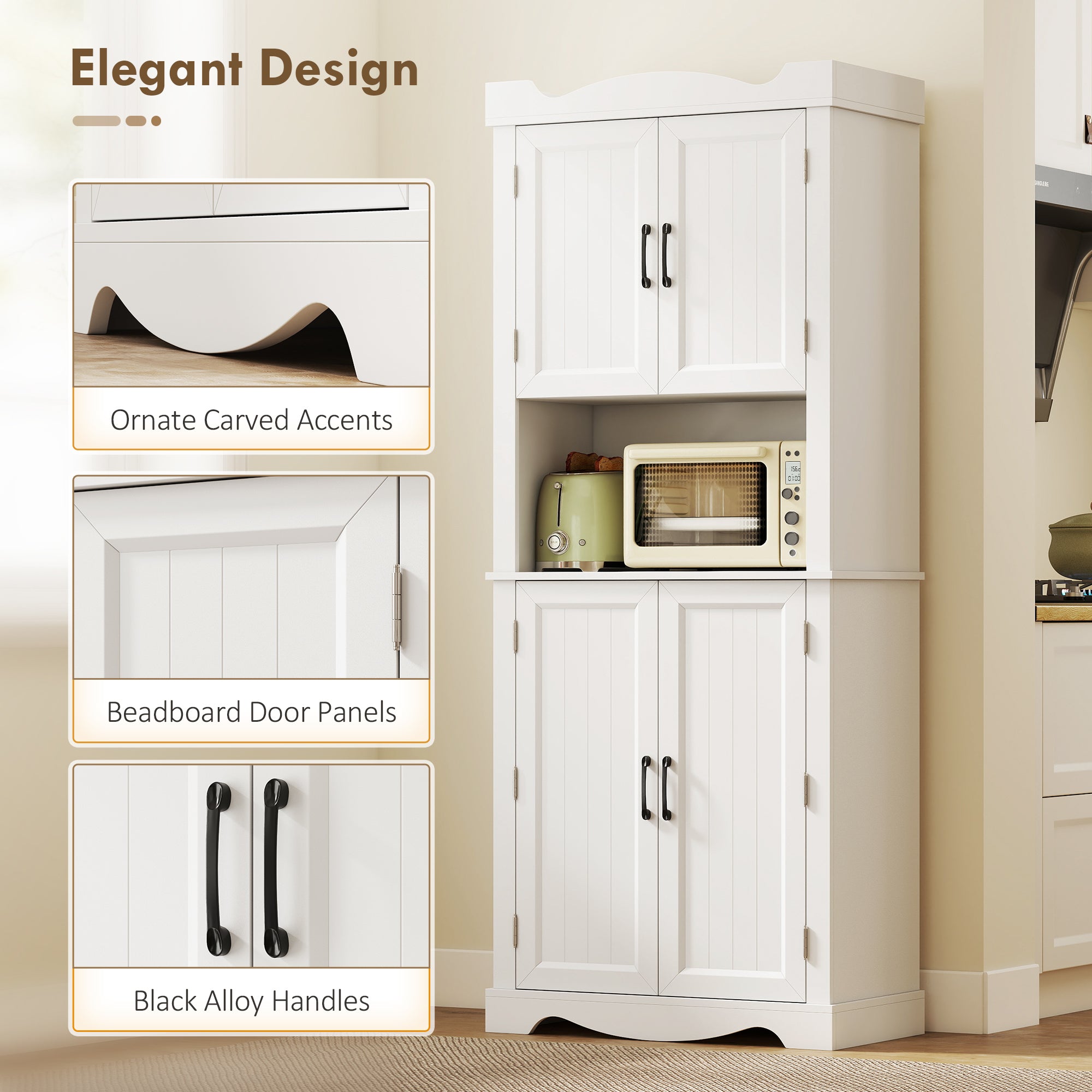 73" Kitchen Pantry Cabinet - White with Adjustable Shelves & Microwave Stand-DECOROLALA