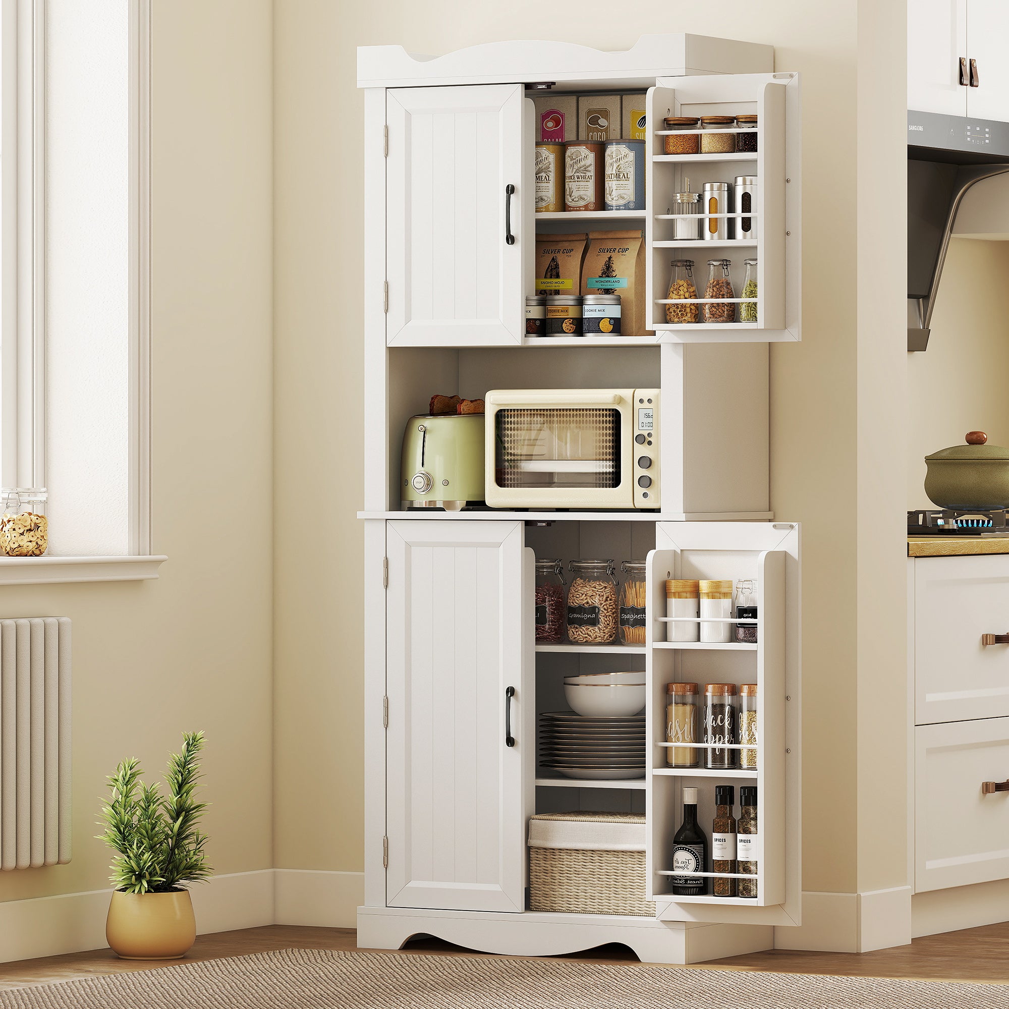73" Kitchen Pantry Cabinet - White with Adjustable Shelves & Microwave Stand-DECOROLALA