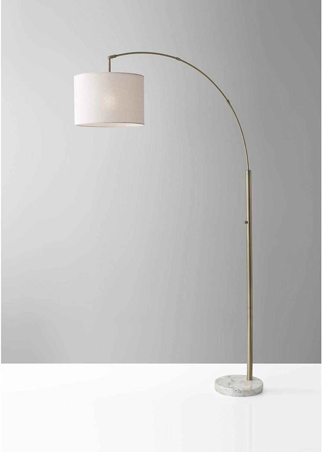 74" Brass Metal Arc Floor Lamp With Off White Linen Drum Shade-Floor Lamps-DECOROLALA
