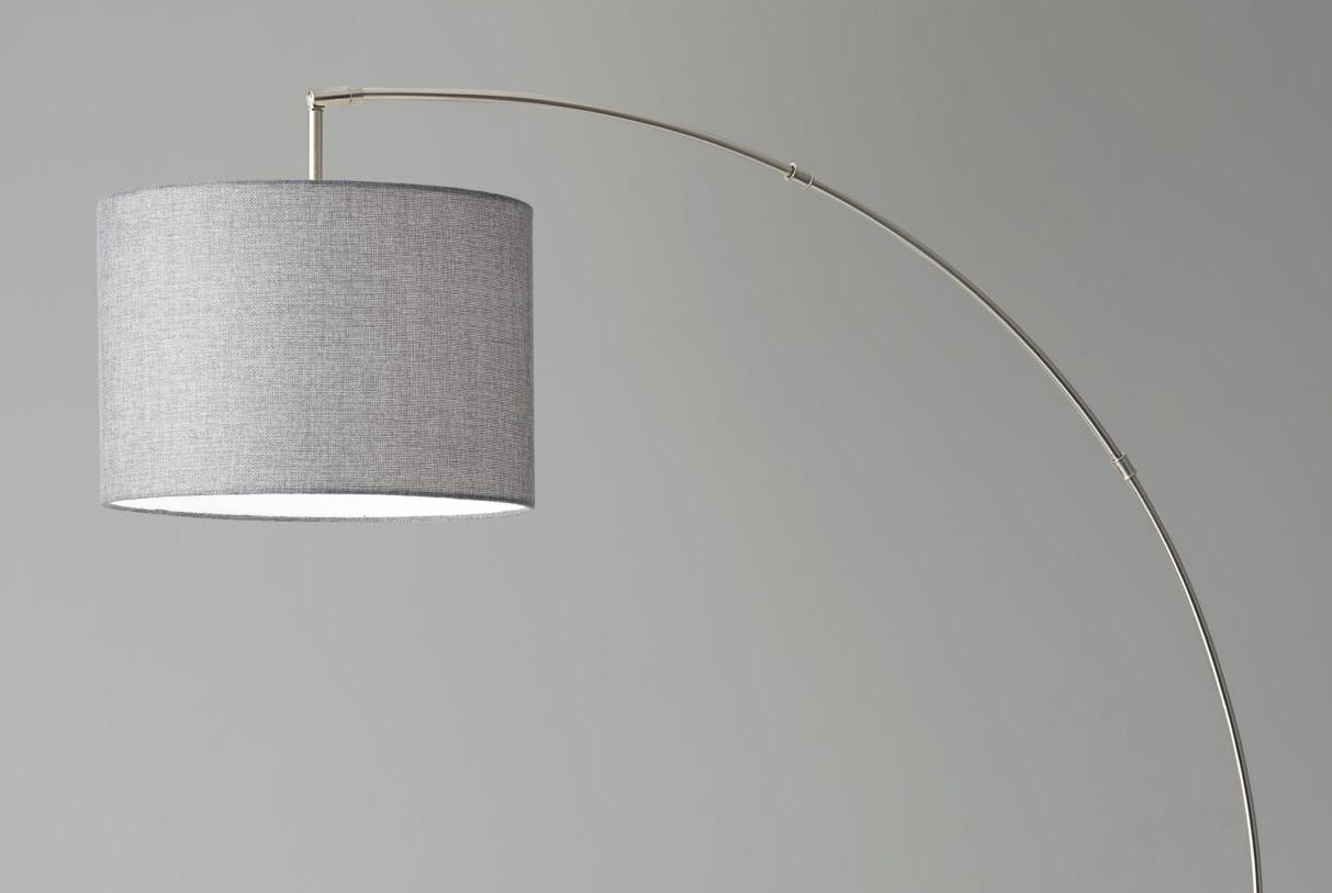 74" Brass Metal Arc Floor Lamp With Off White Linen Drum Shade-Floor Lamps-DECOROLALA