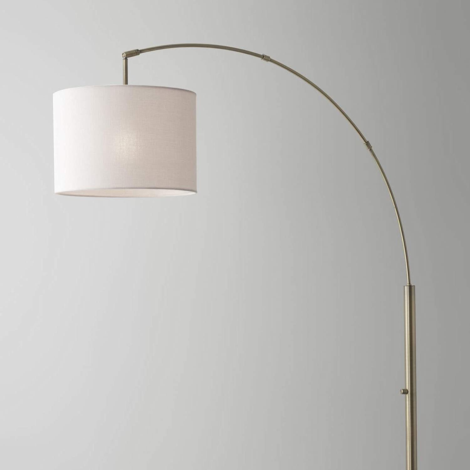 74" Brass Metal Arc Floor Lamp With Off White Linen Drum Shade-Floor Lamps-DECOROLALA